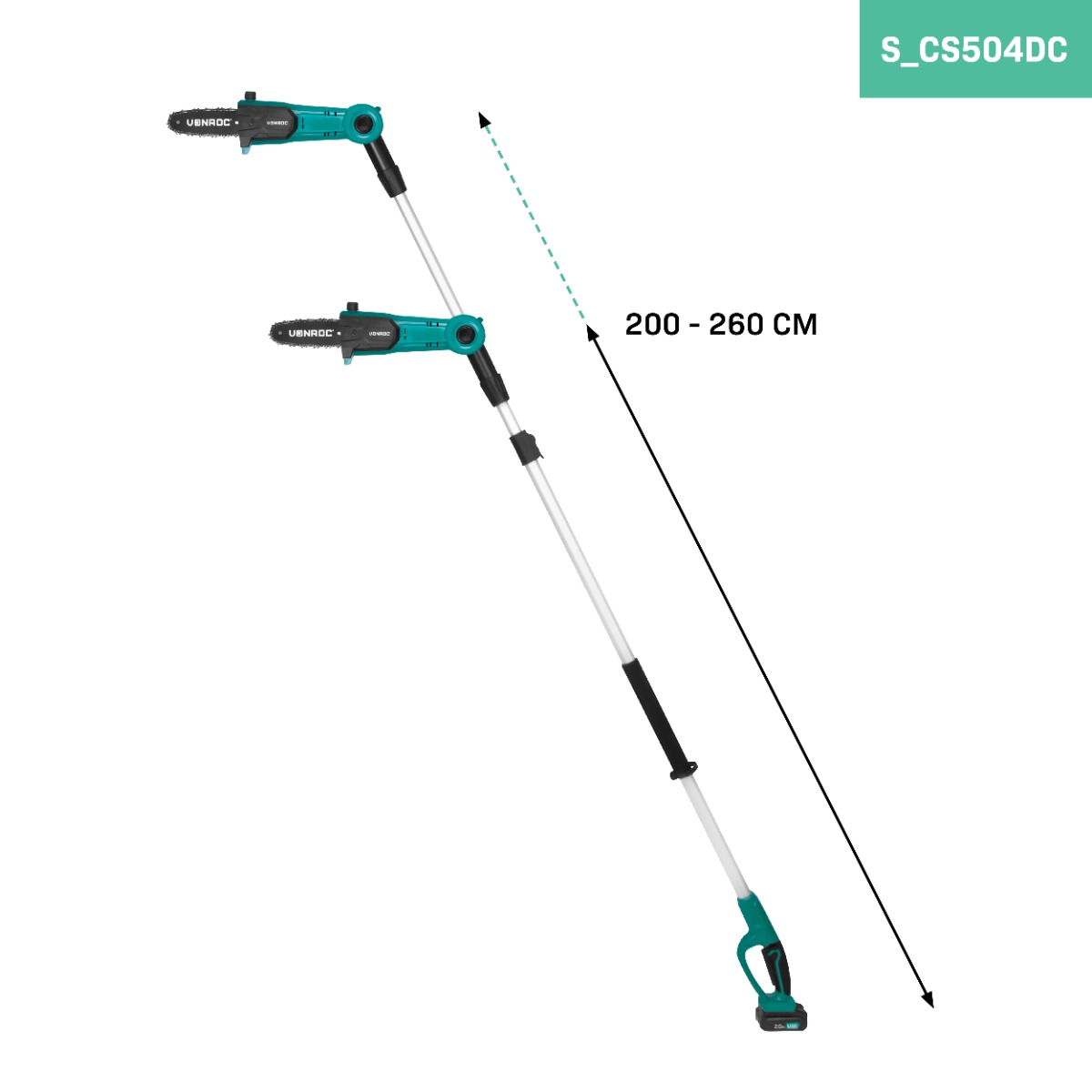 A teal and black extendable pole saw with two saw heads. It extends from 200-260 cm.