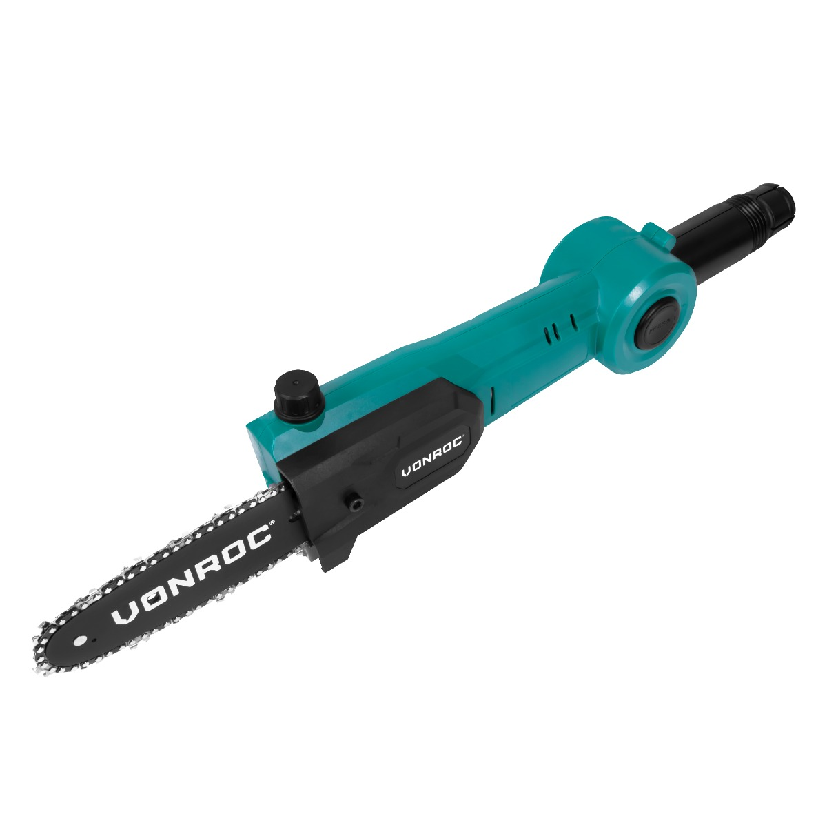 A teal chainsaw with a black handle and chain on a white background.