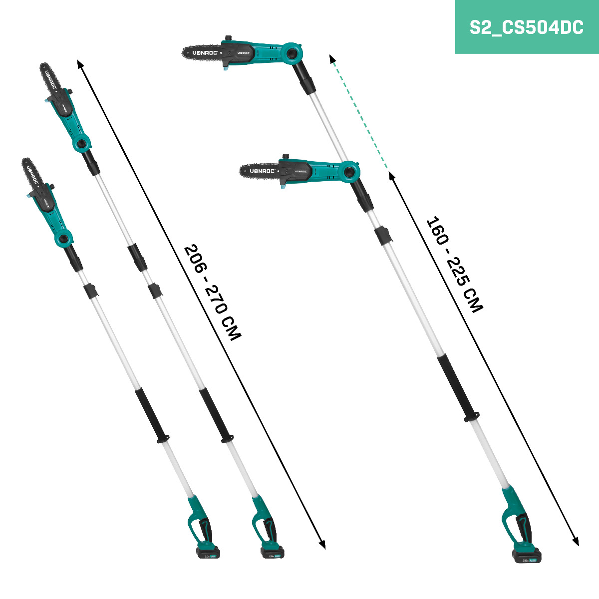 Two extendable pole saws in teal and gray with size indicators.