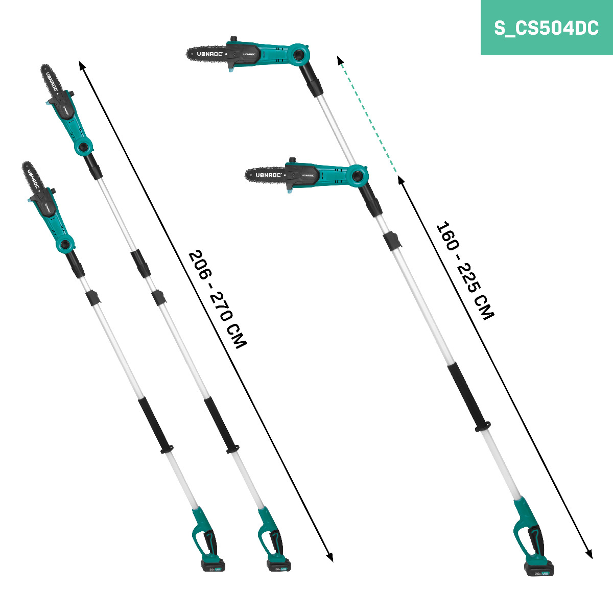Two teal and black pole chainsaws. Extended lengths shown: 206-270cm and 160-225cm.