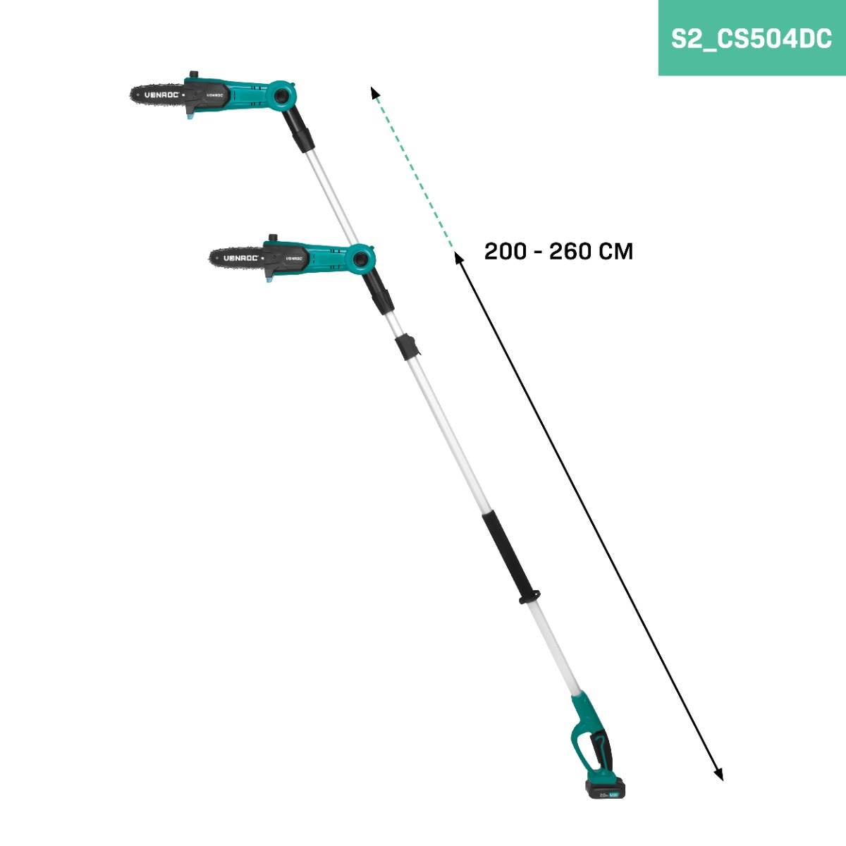 A teal and silver extendable pole saw, 200-260 cm.