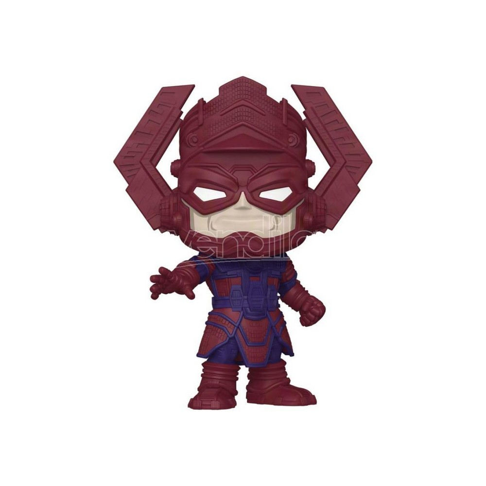 Una figura rossa e blu di Galactus, con elmo e armatura, si erge in primo piano.