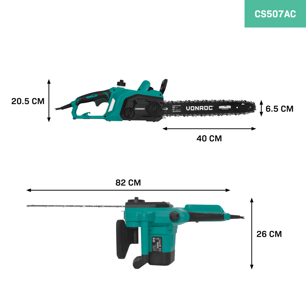Two teal and black chainsaw models with dimensions displayed.