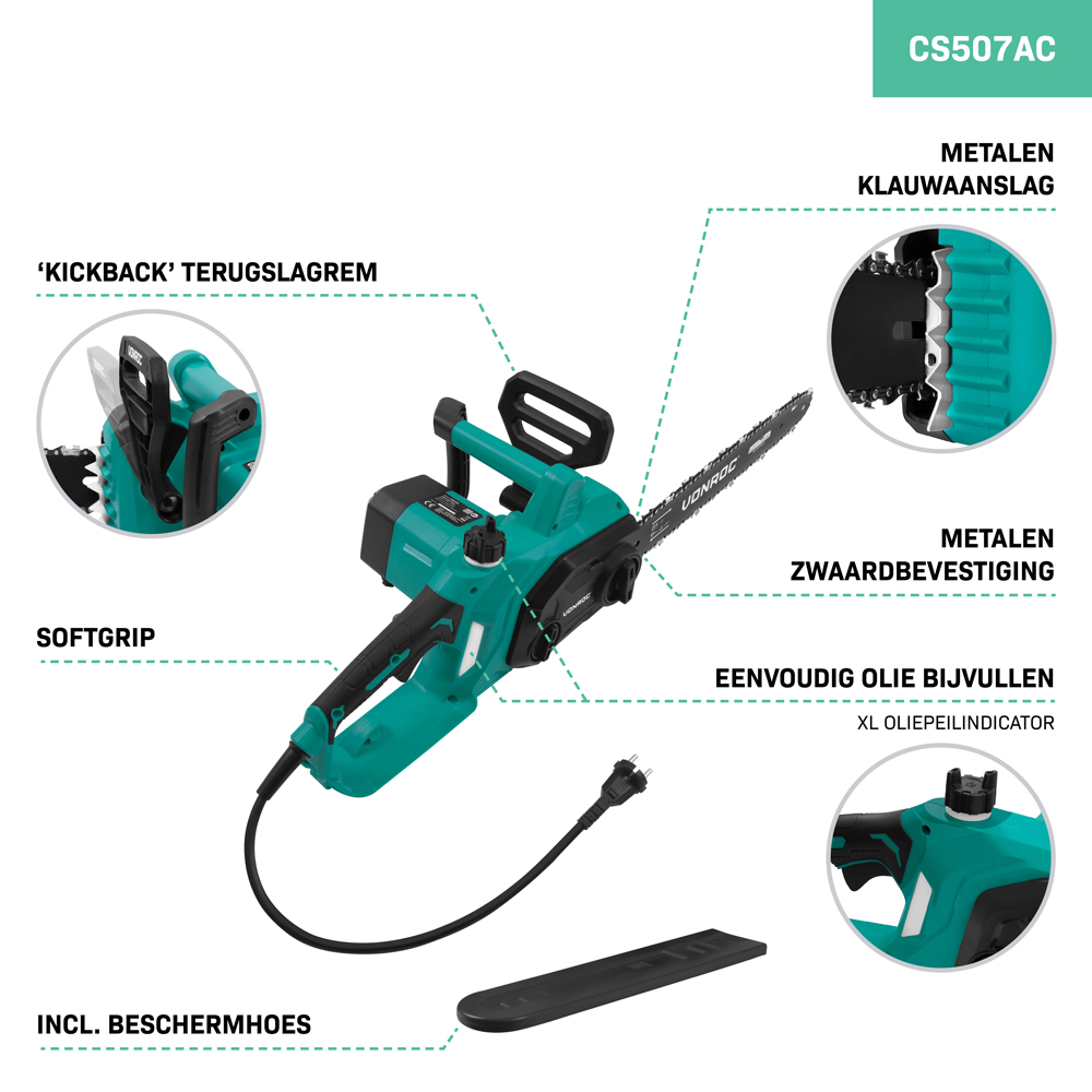 A teal and black electric chainsaw with detailed labels pointing to features.