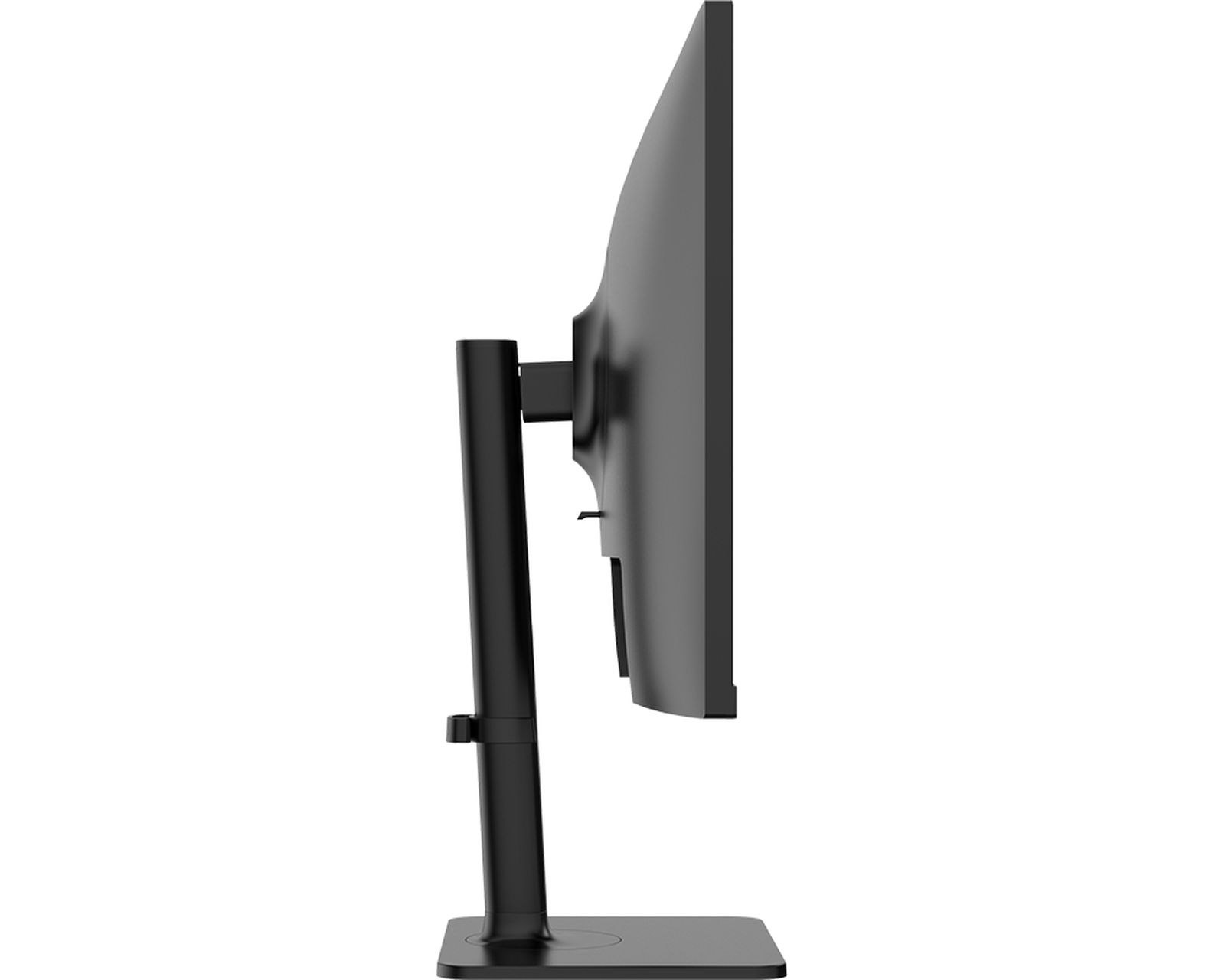 A black computer monitor with a slim bezel and an adjustable stand, shown in profile.