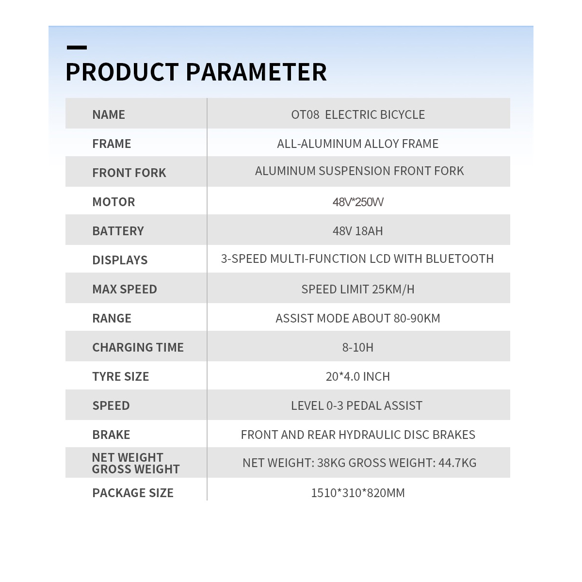Parametry produktu: Rower elektryczny OT08, rama aluminiowa, silnik 48V 250W, bateria 48V 18AH.