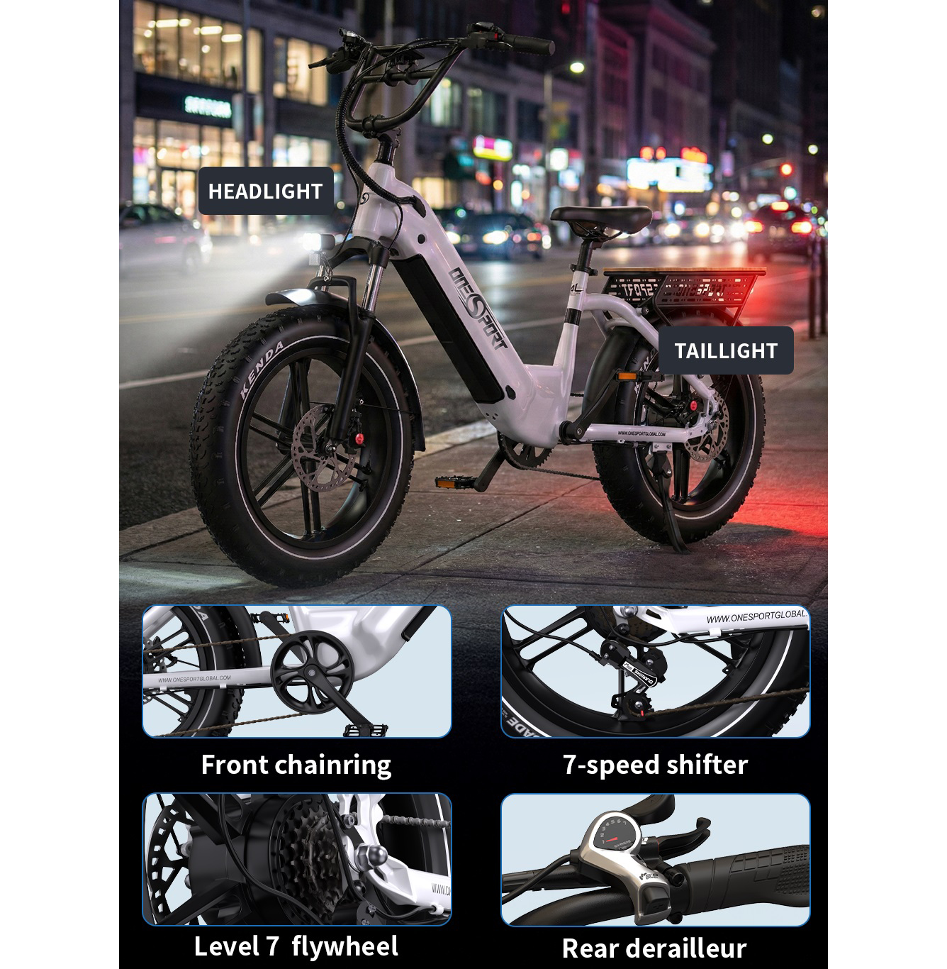 Biały rower elektryczny nocą na ulicy, z zbliżeniami części.