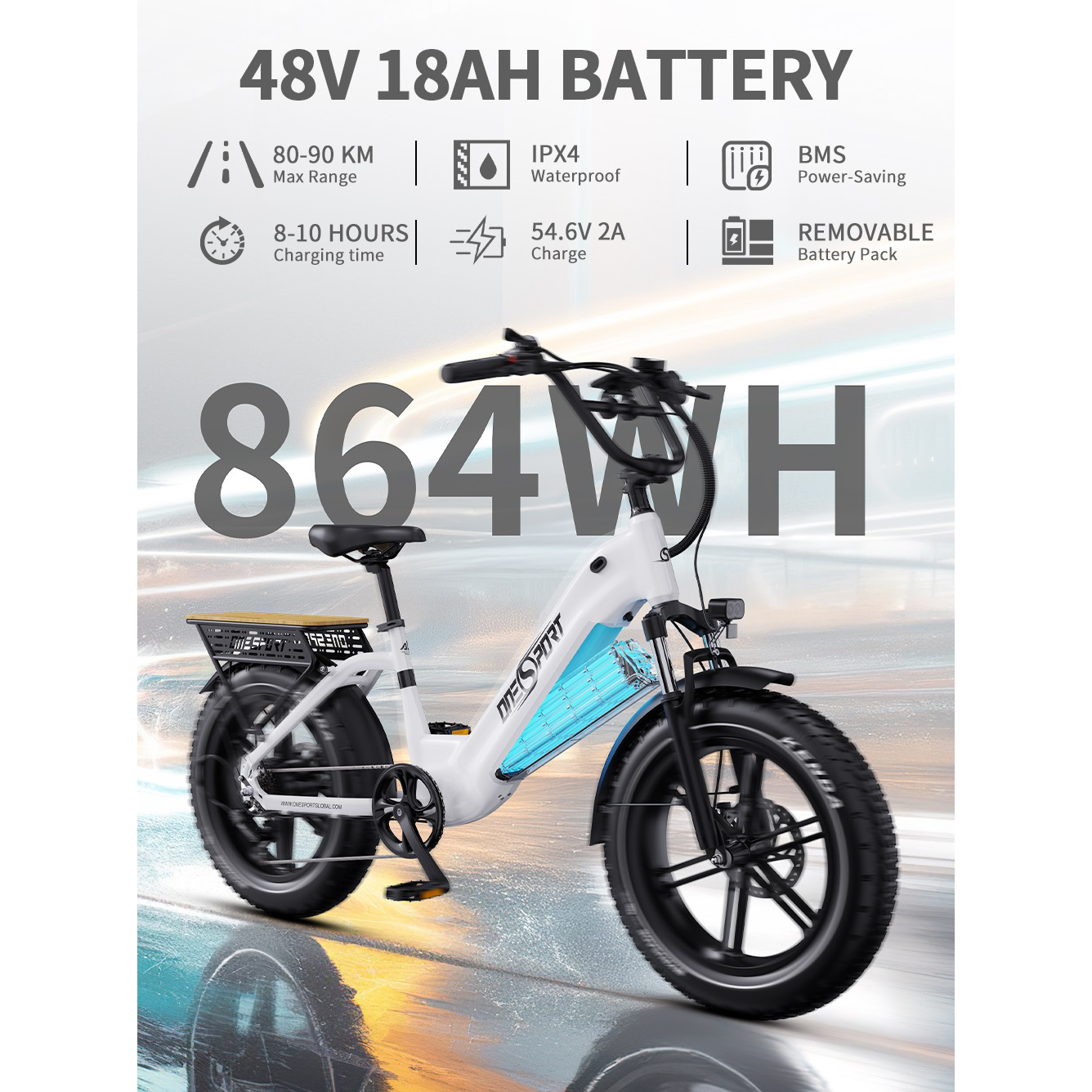 Biały rower elektryczny z baterią 864WH, zasięg 80-90km, wodoodporność IPX4, ładowanie 8-10h.