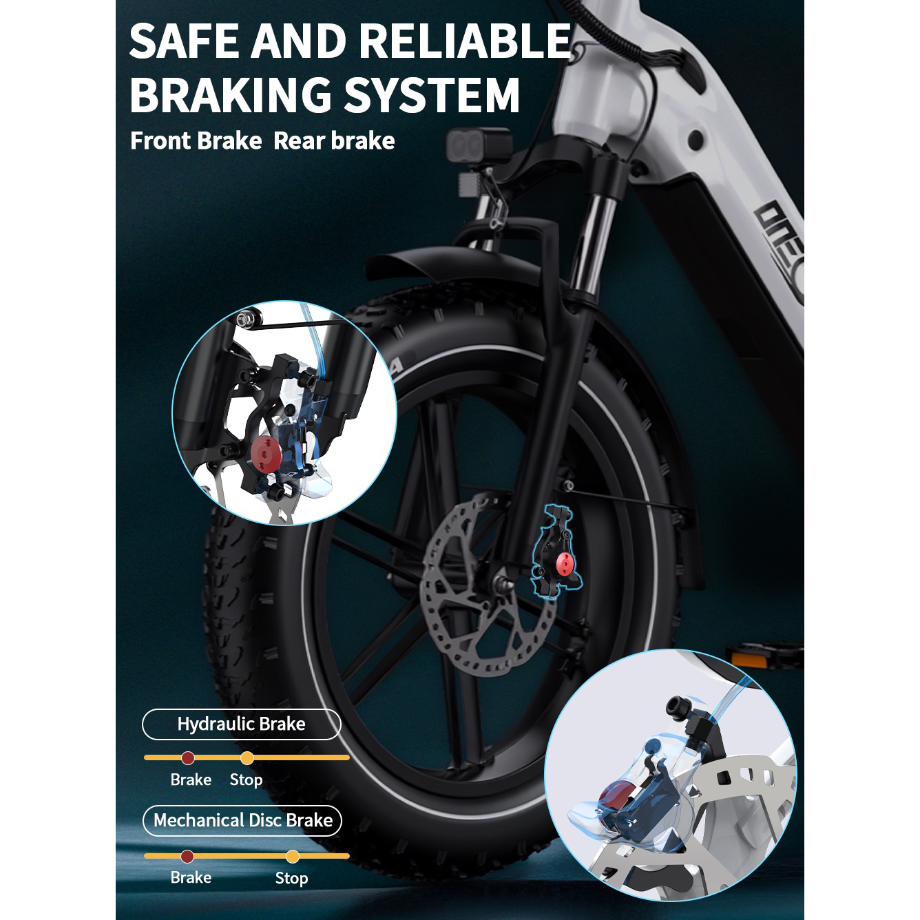Zbliżenie roweru skupiające się na jego układzie hamulcowym, hydraulicznych i mechanicznych hamulcach tarczowych.