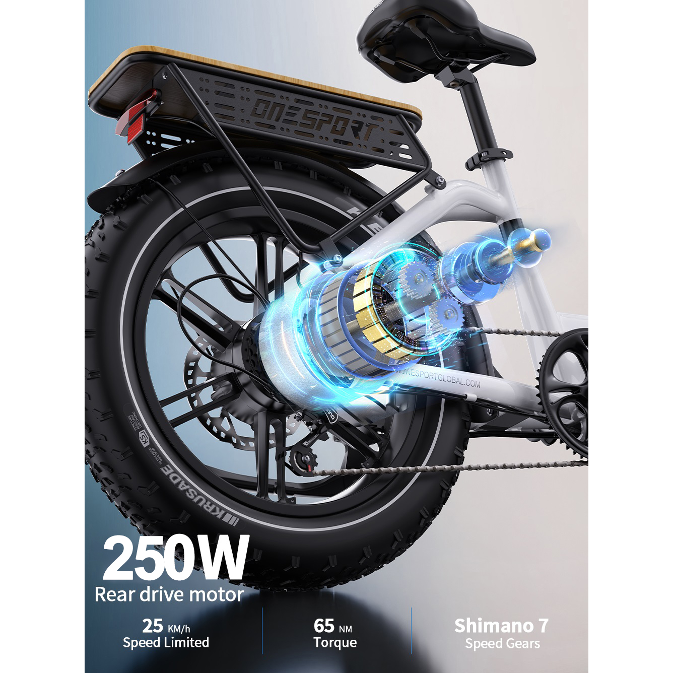 Rower elektryczny z silnikiem 250W z tyłu, drewnianym bagażnikiem.