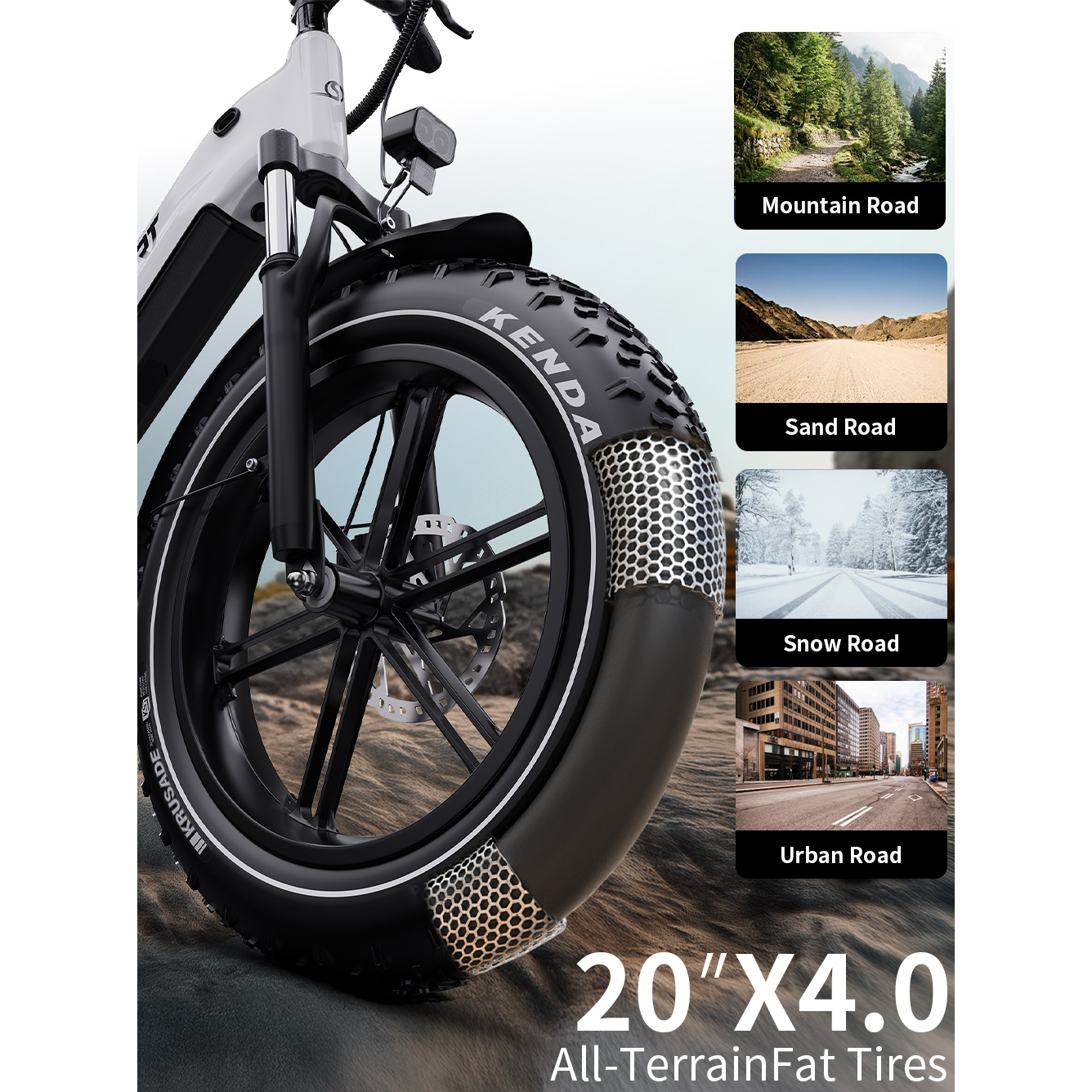 Zbliżenie białego roweru z oponami typu fat do jazdy w terenie.