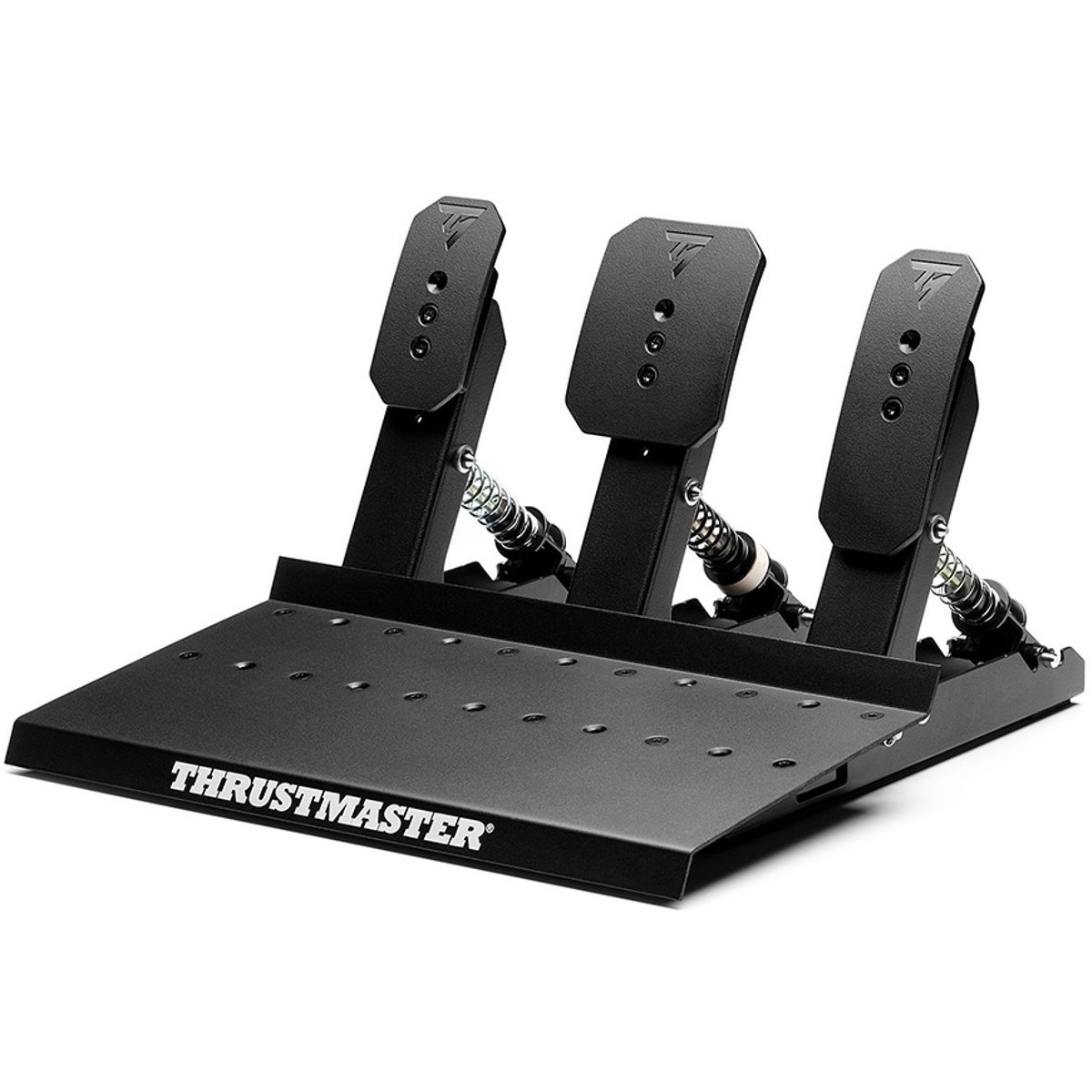 Pedali da gioco neri con tre pedali e molle, logo Thrustmaster.