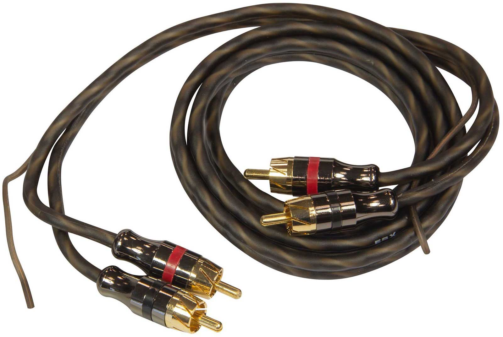 Schwarzes Audiokabel mit vergoldeten RCA-Steckern und roten Markierungen.
