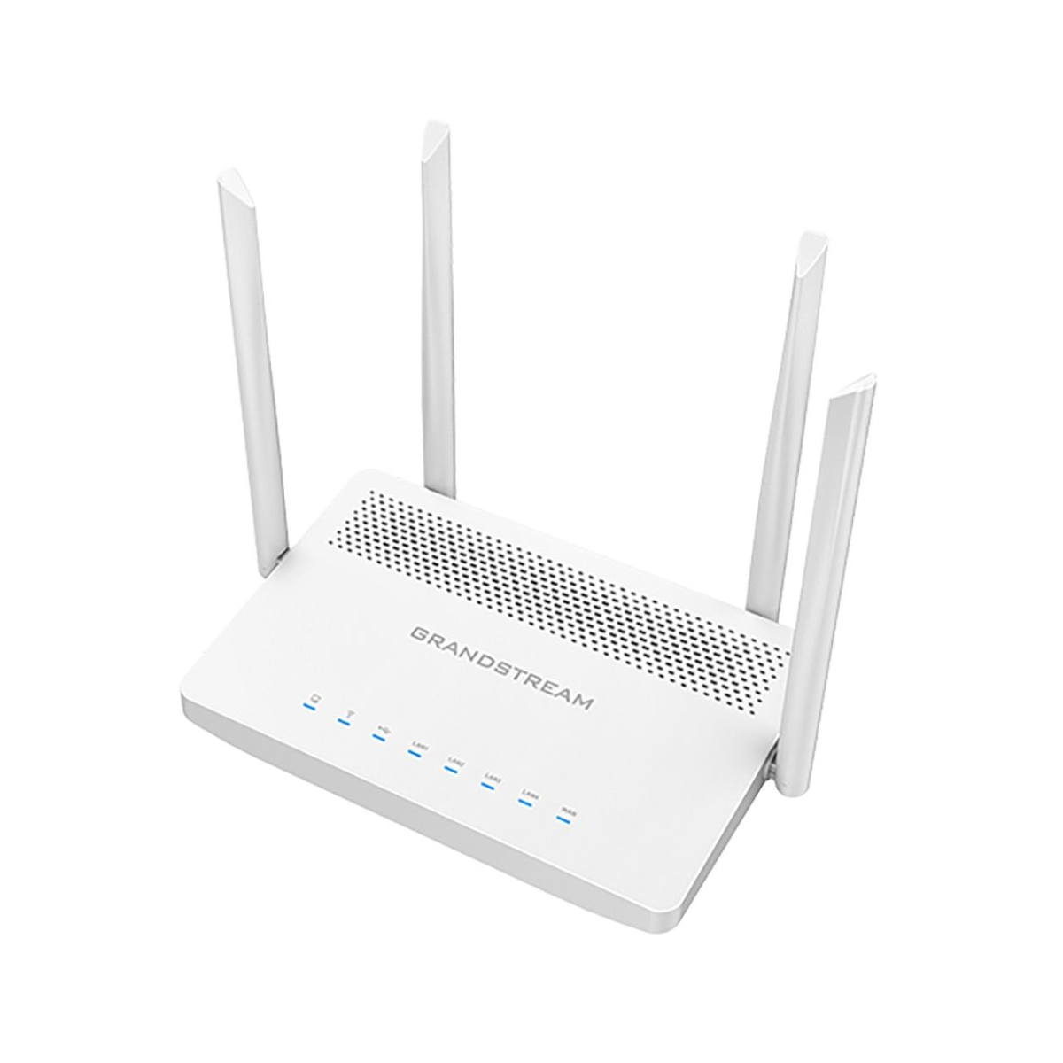 Un router Grandstream bianco con quattro antenne e luci LED blu.