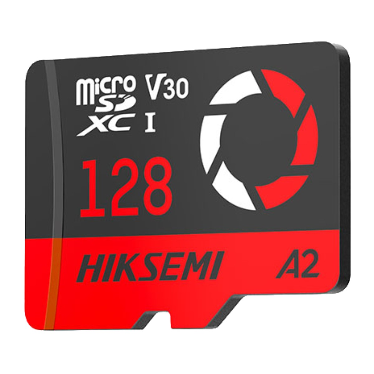 Scheda MicroSDXC 128GB, HIKSEMI, V30, A2, con logo apertura.