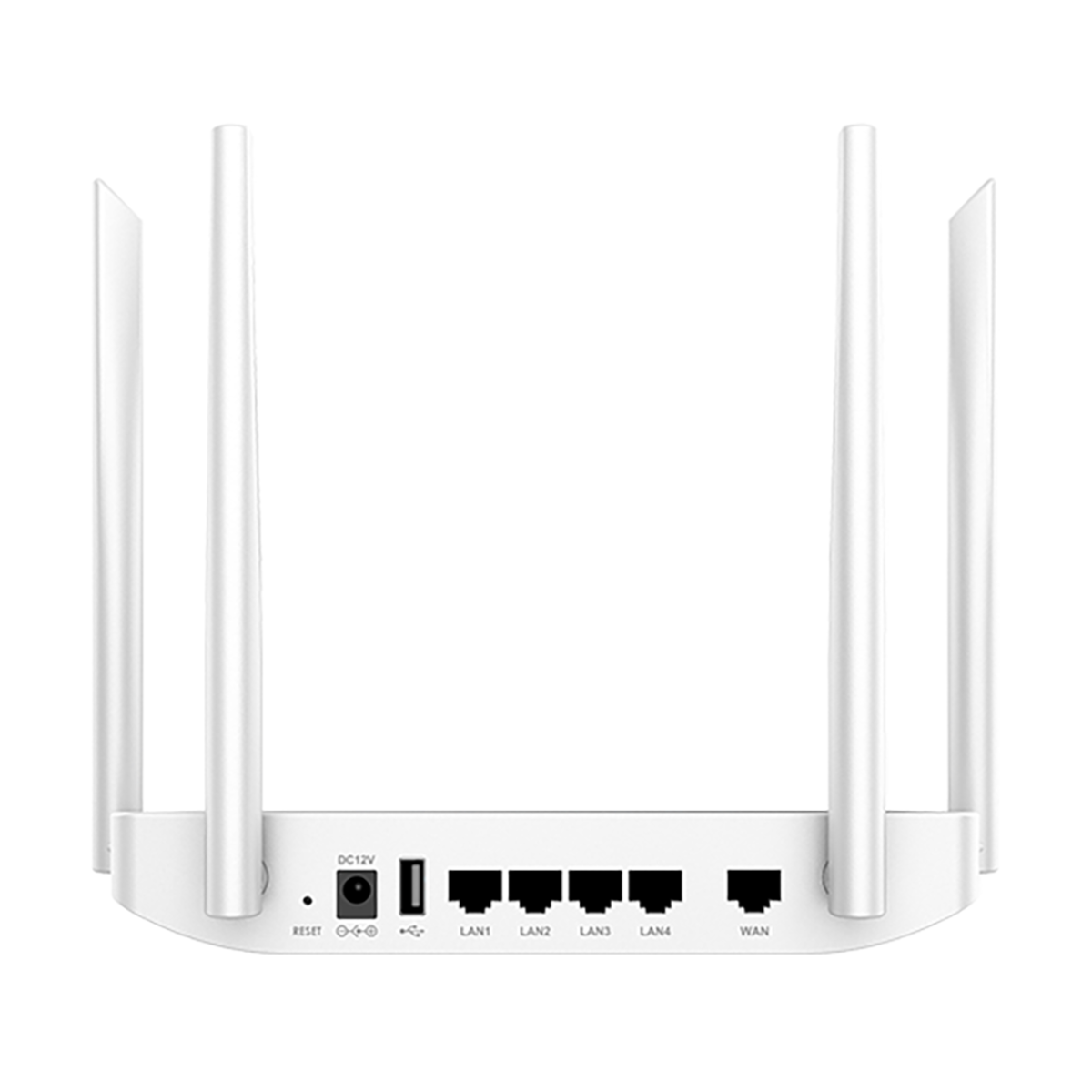 Retro di un router bianco con 4 antenne, ingresso CC, USB e 5 porte LAN.