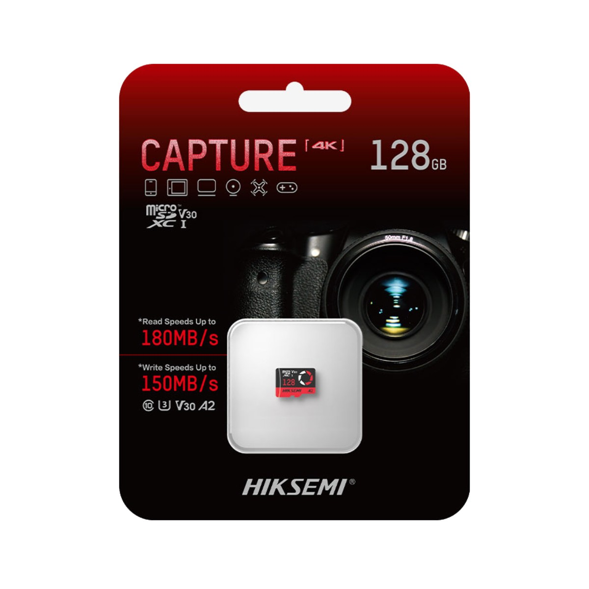 Confezione di una scheda MicroSD da 128 GB con immagine fotocamera.