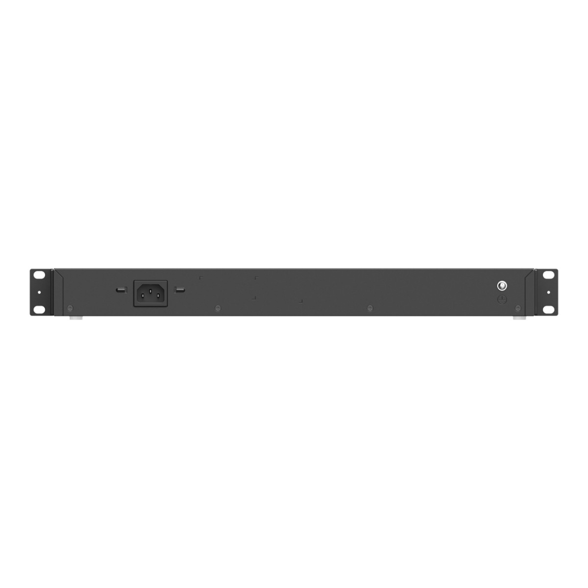 Vista trasera de un dispositivo negro para montaje en rack con conector de alimentación.