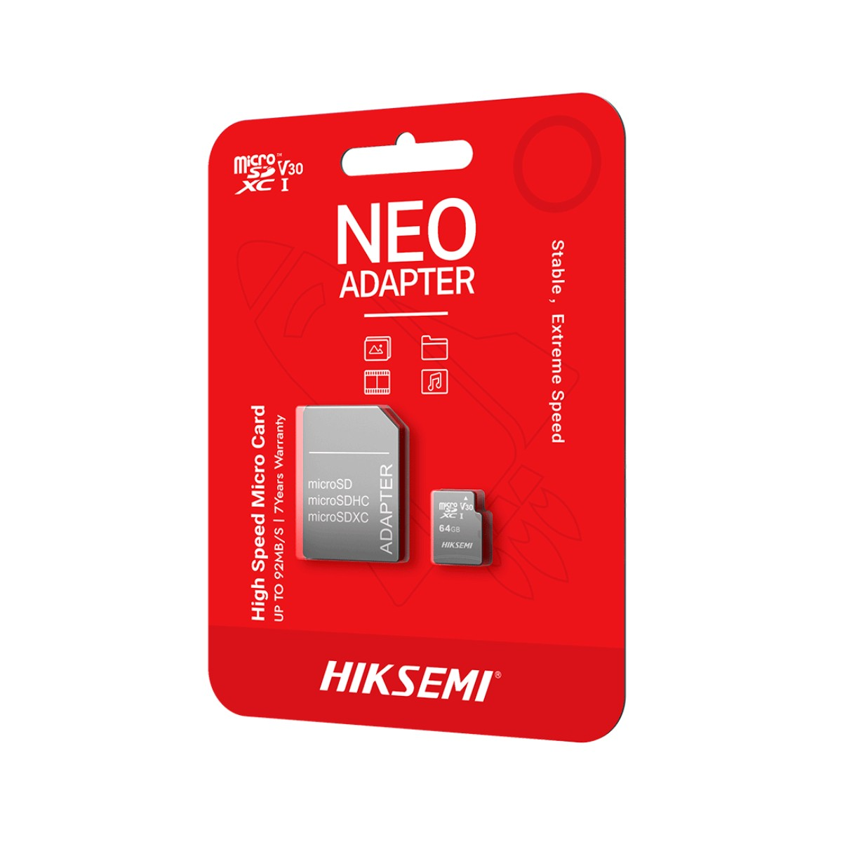 Confezione con scheda MicroSD e adattatore. Rosso con testo bianco.
