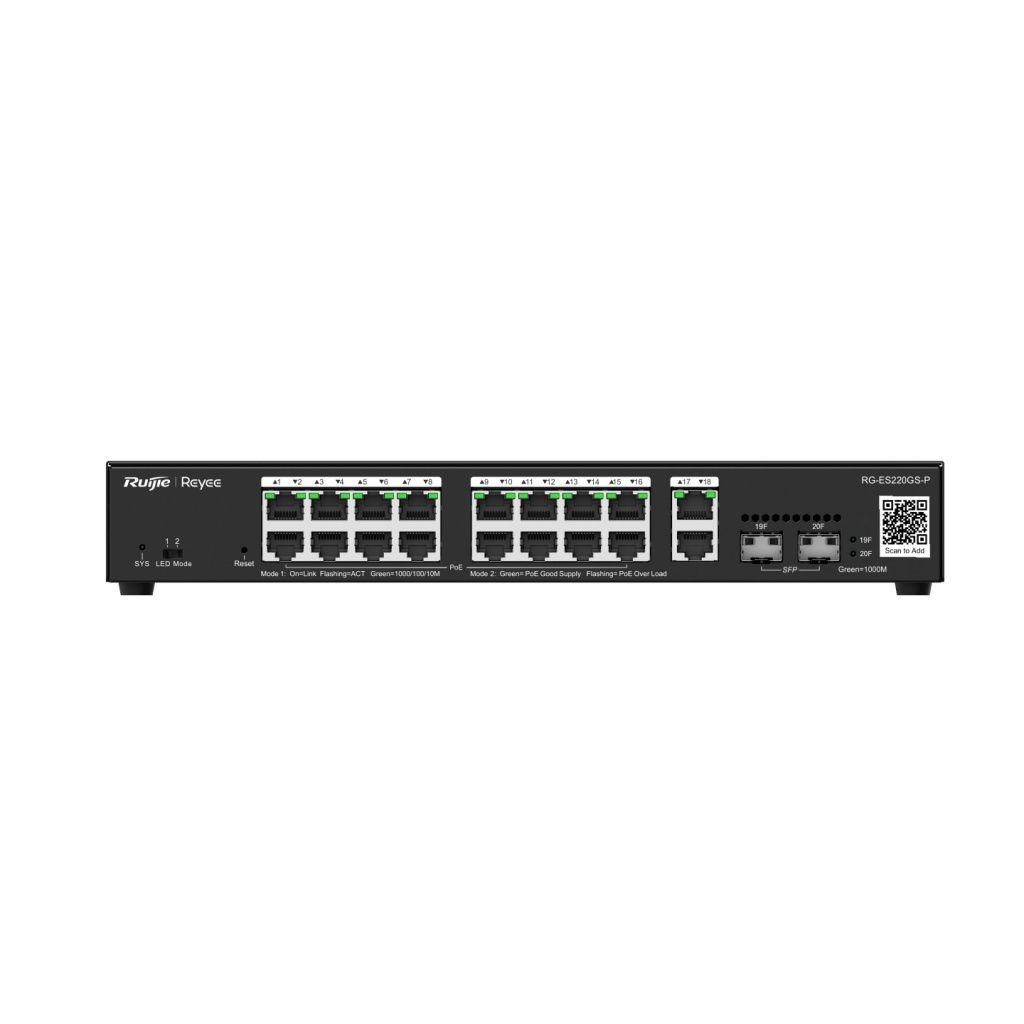 18 Ethernet ve 2 SFP bağlantı noktasına sahip Ruijie Reyee RG-ES220GS-P anahtar.