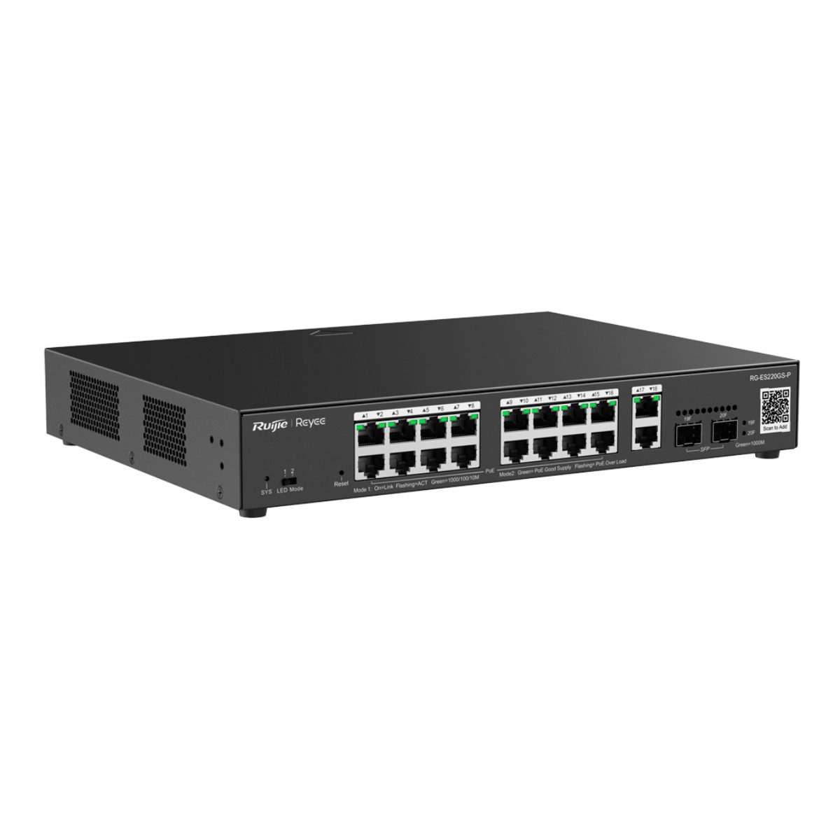 Ön panelinde çok sayıda Ethernet bağlantı noktası ve LED bulunan siyah ağ anahtarı.