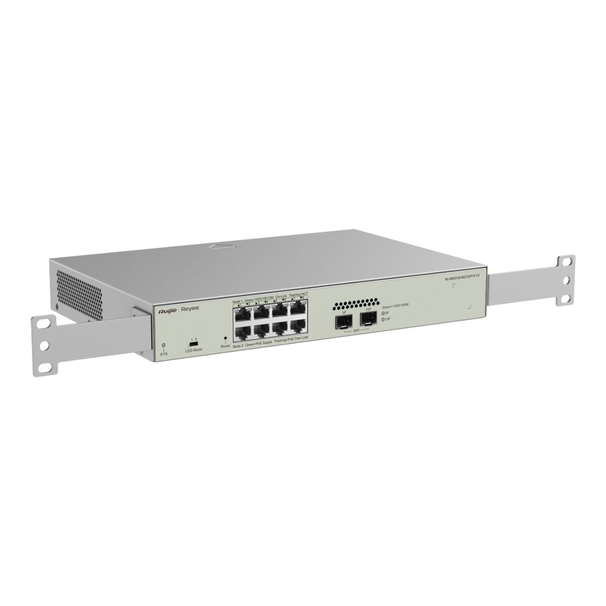 Un switch de red plateado con ocho puertos Ethernet y dos puertos SFP.