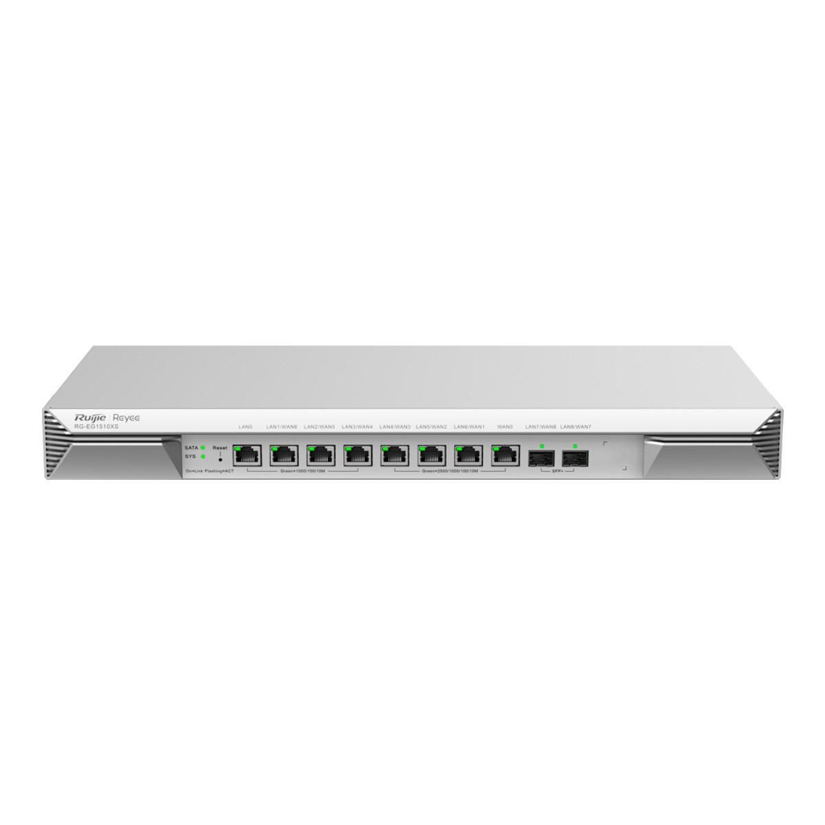 Ein weißes Ruijie Reyee RG-EG1510XS Netzwerkgerät mit vielen LAN/WAN-Anschlüssen.