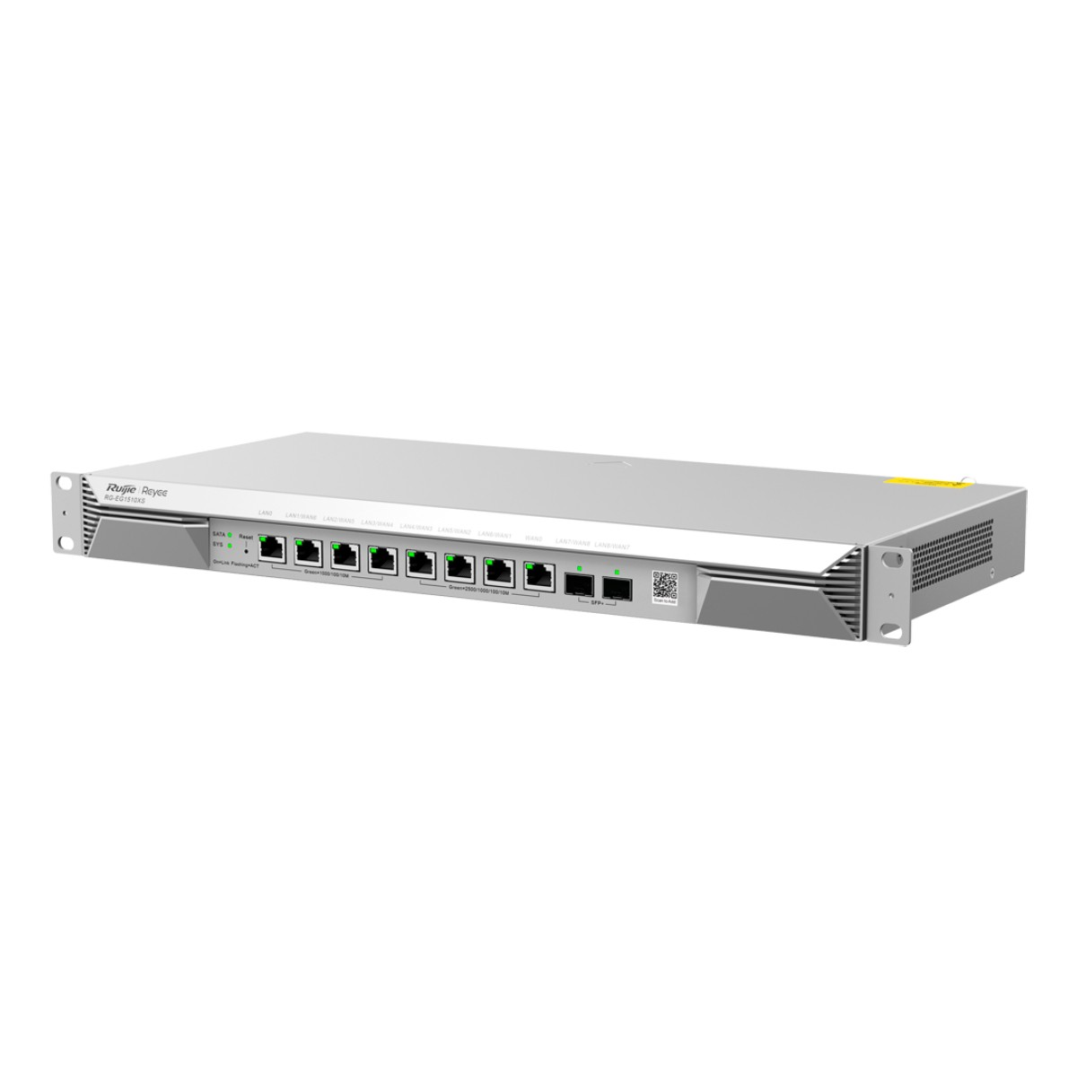 Ein silberner Netzwerk-Switch mit vielen Anschlüssen und LEDs auf der Vorderseite.