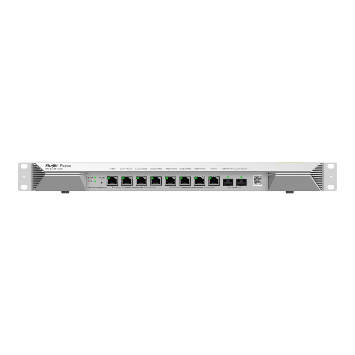 Ein Ruijie Reyee Router mit acht LAN/WAN-Ports, einem WAN-Port und einem SFP+-Port.