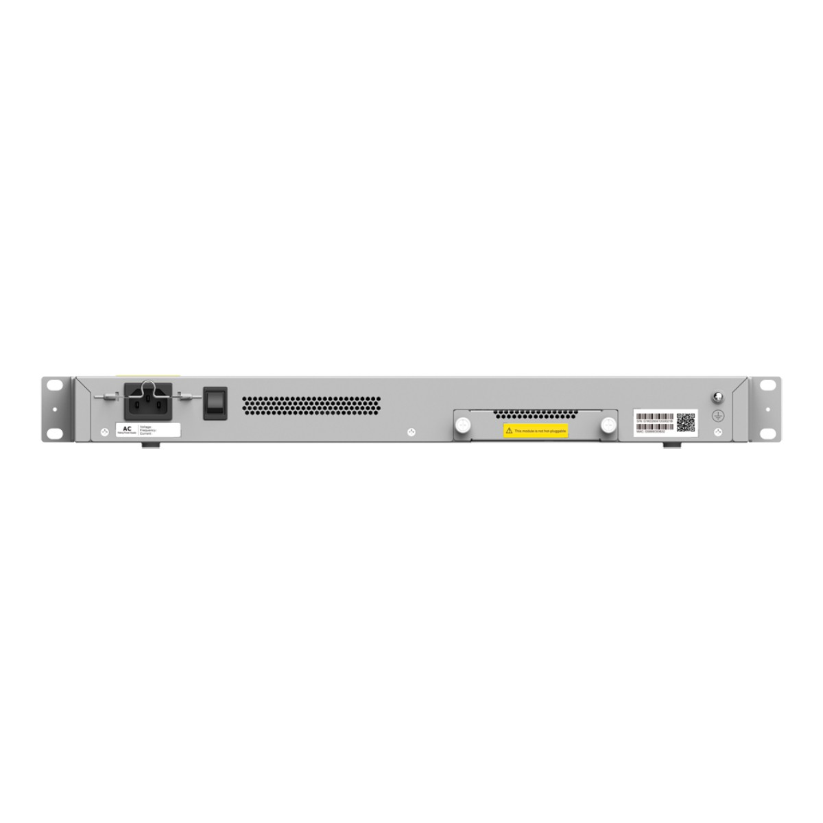 Rückseite eines grauen Rack-Servers mit Netzschalter, Lüftungsgitter und Anschlüssen.