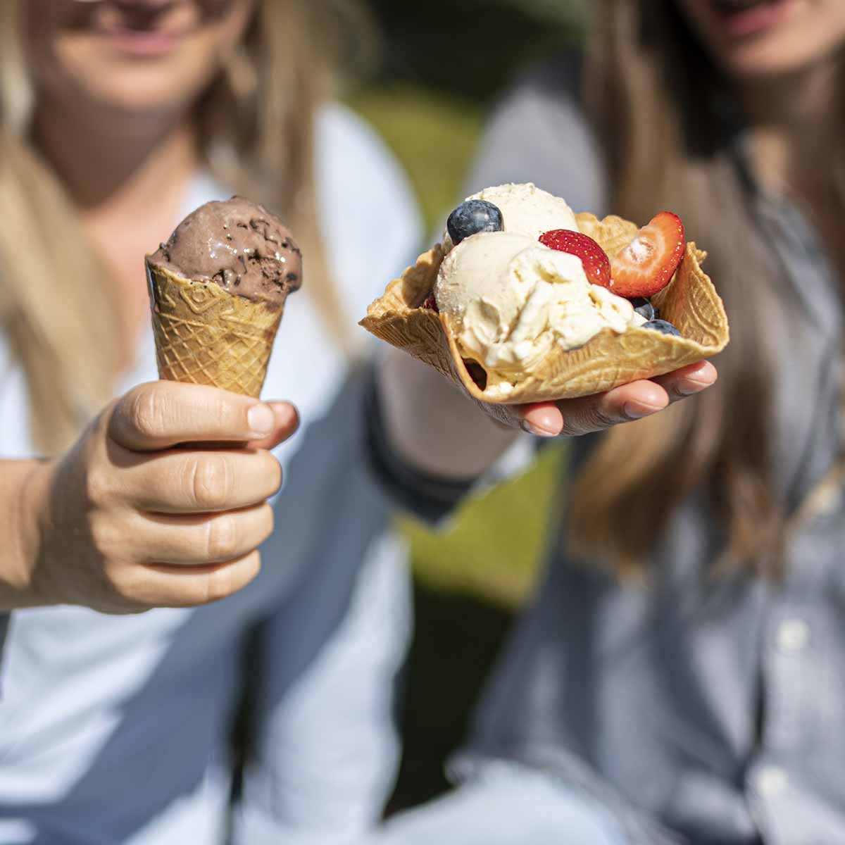 Dwie osoby trzymają lody. Jedne czekoladowe w wafelku, drugie waniliowe z owocami.