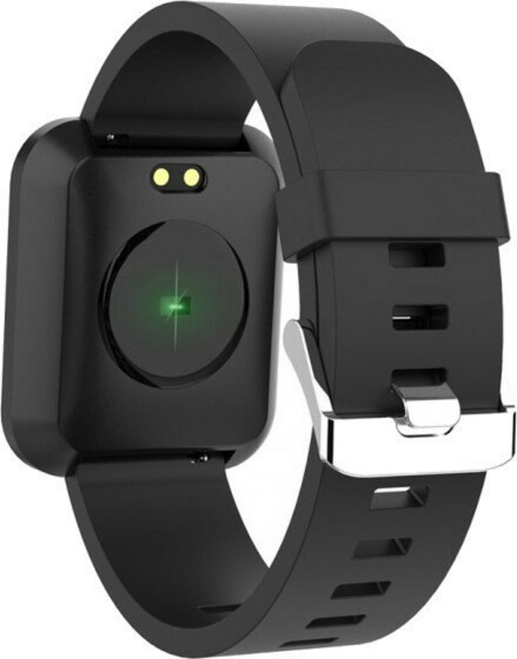 Black smartwatch band with silver buckle and a green display on the back.