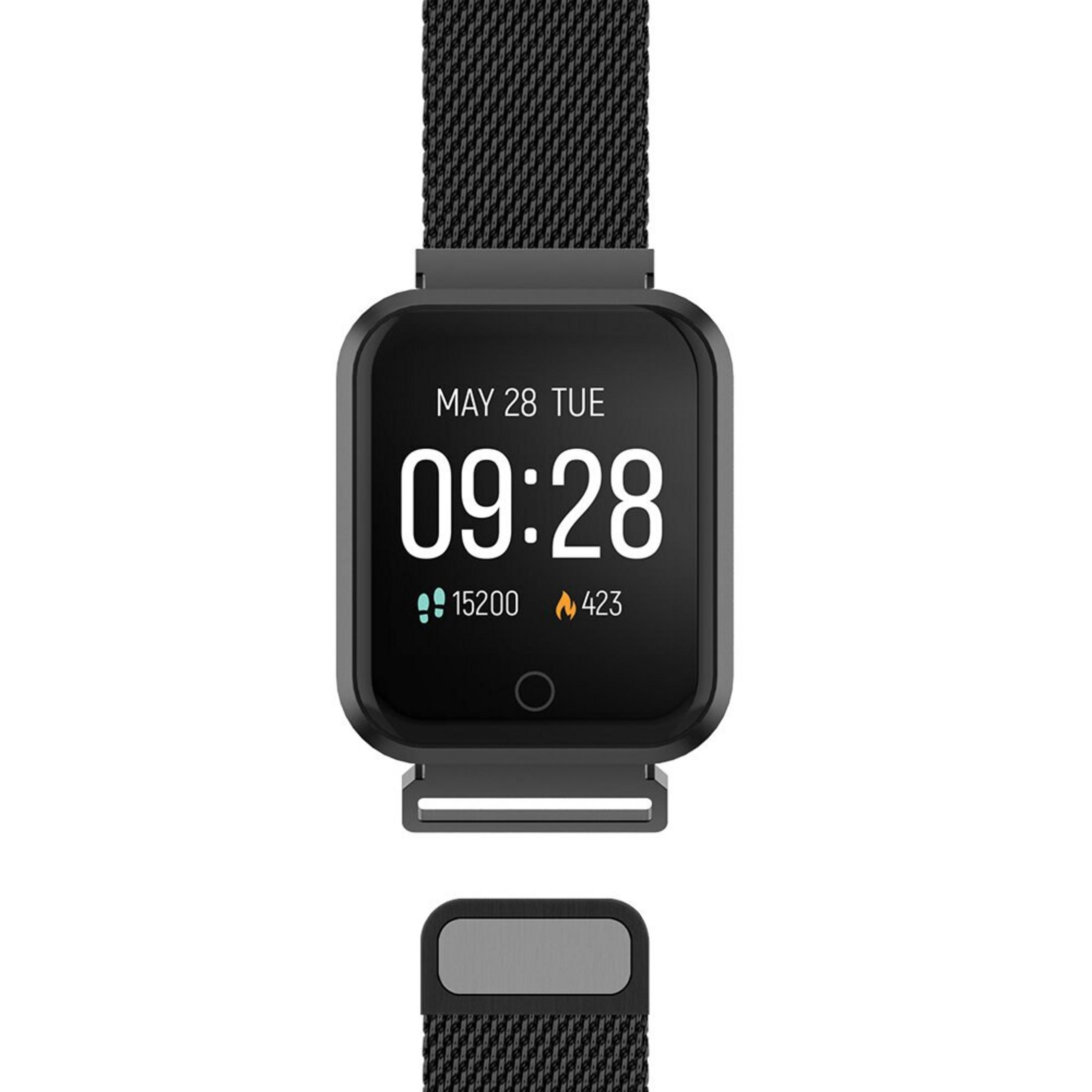 Black smartwatch with mesh band shows 09:28 time and activity data.