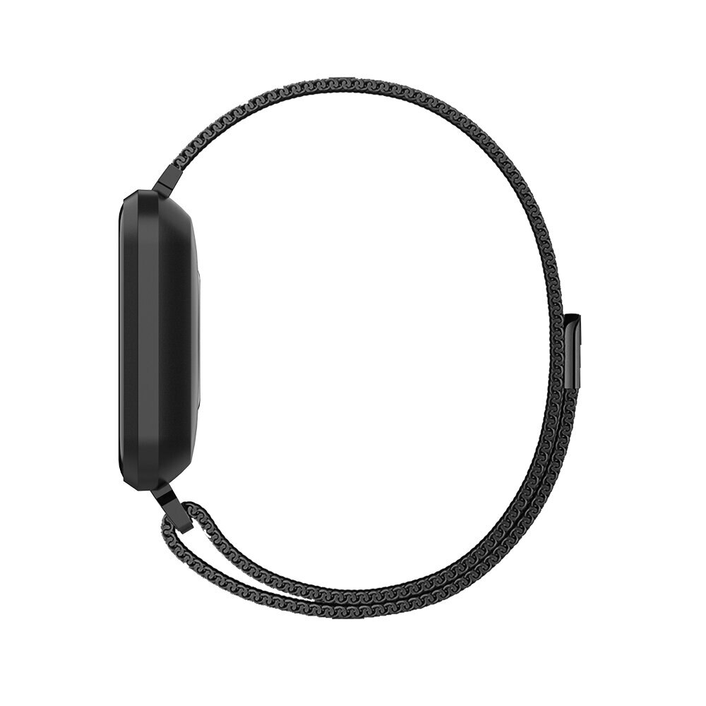 Black smartwatch with a mesh metal band on a white background.