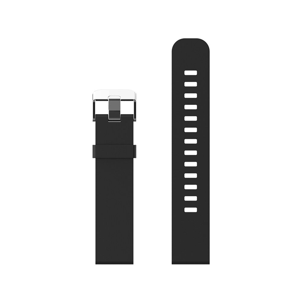 Black watch strap with metal buckle and hole pattern.