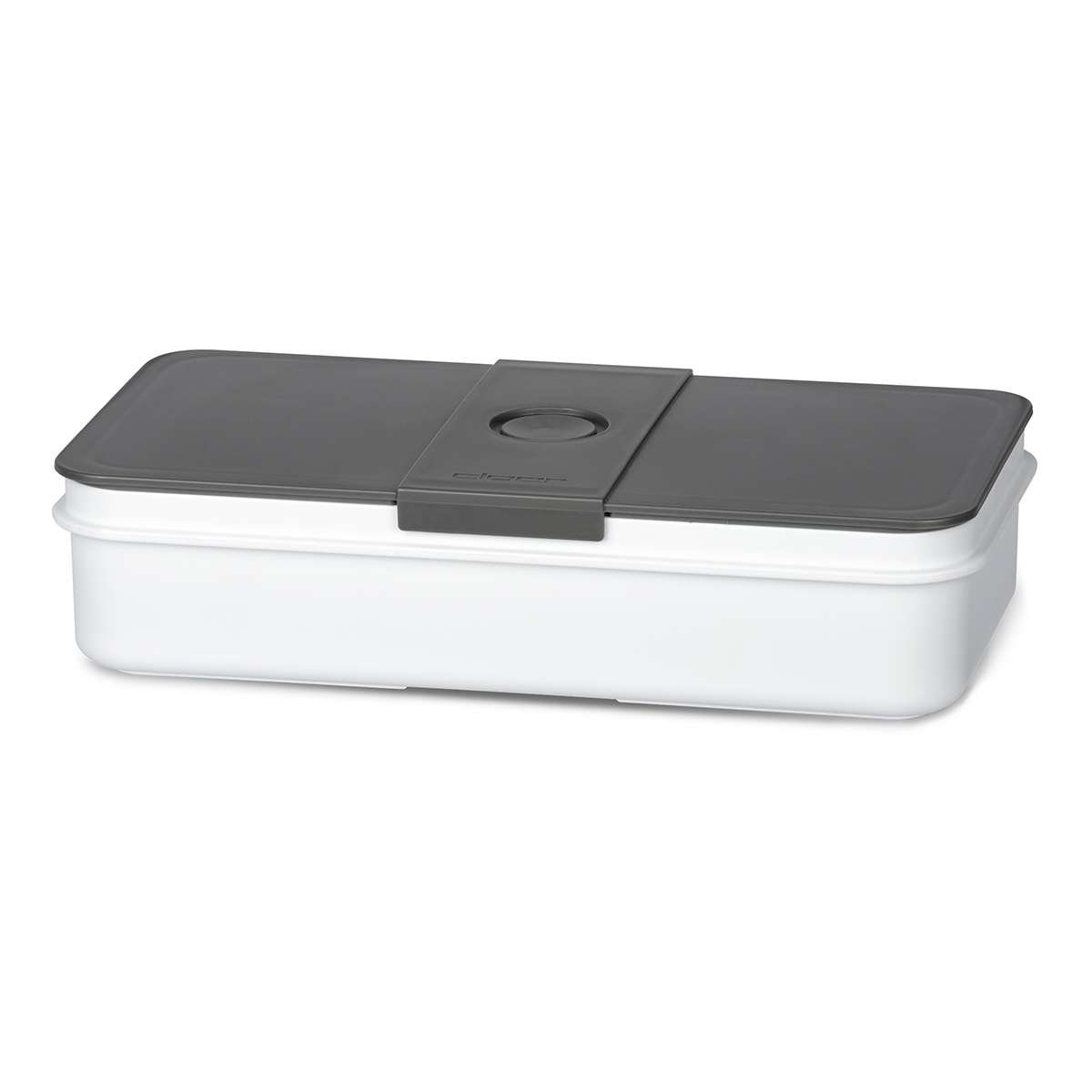 Un contenitore bianco rettangolare con coperchio scuro e chiusura a clip.