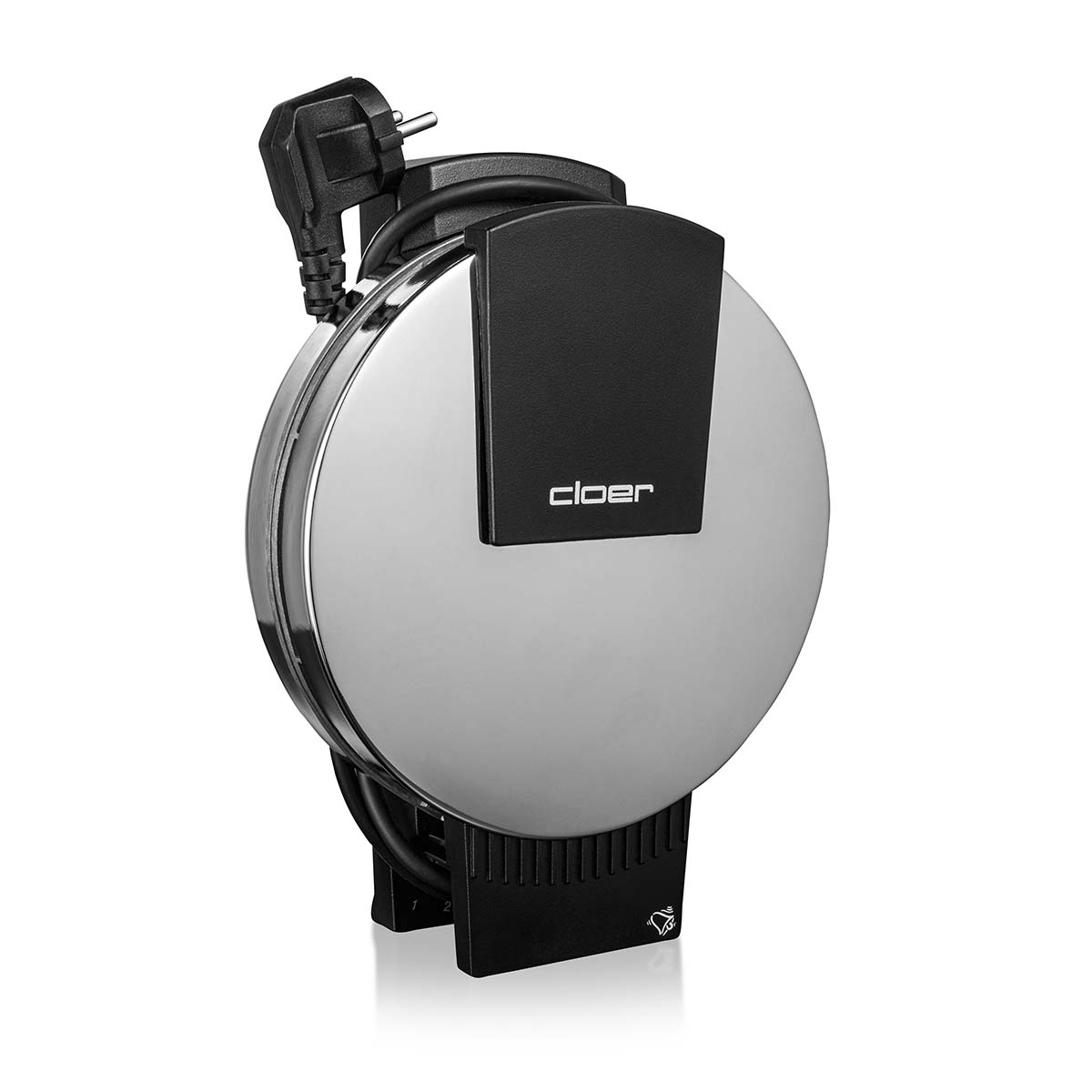 Srebrna i czarna gofrownica z kablem i wtyczką.