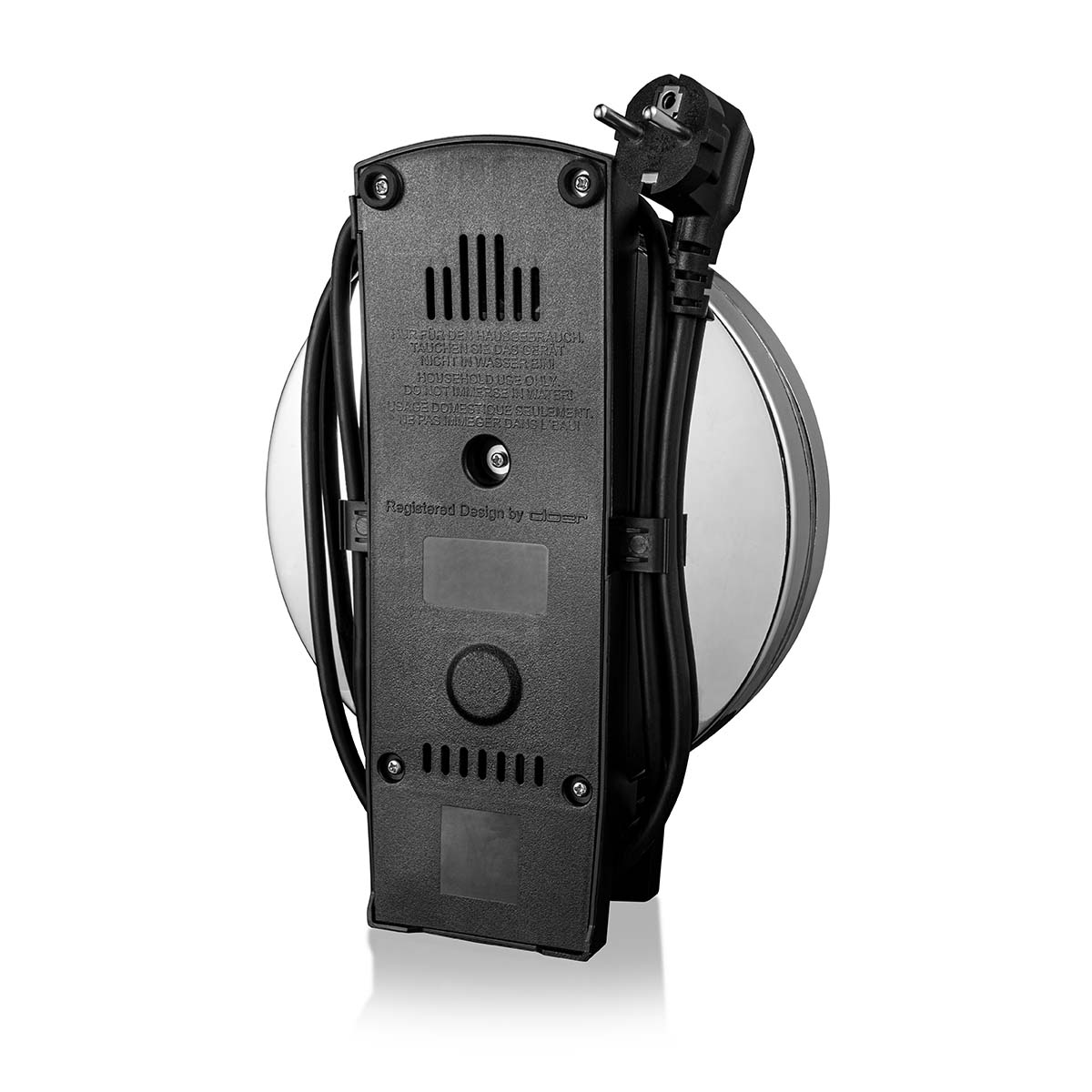 Tył urządzenia z kablem i wtyczką, czarny plastik.