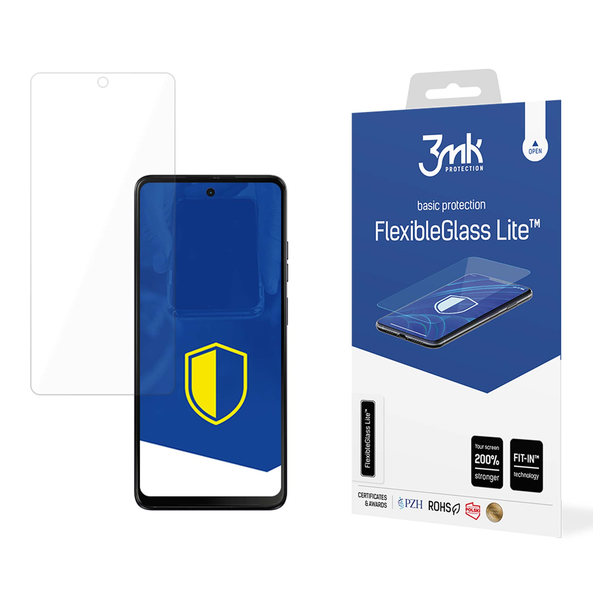 Protezione schermo per smartphone con confezione, che mostra "FlexibleGlass Lite".