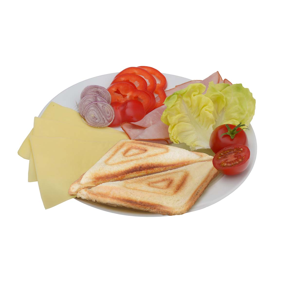 Sándwiches tostados con queso, jamón, tomates, cebollas y lechuga.