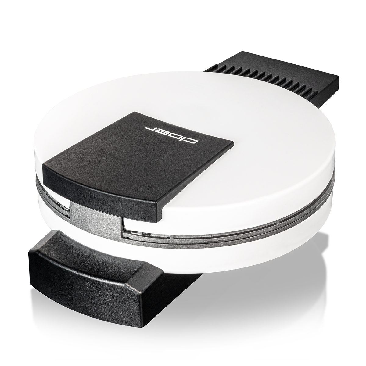 Okrągły, biały gofrownica z czarną rączką i logo.