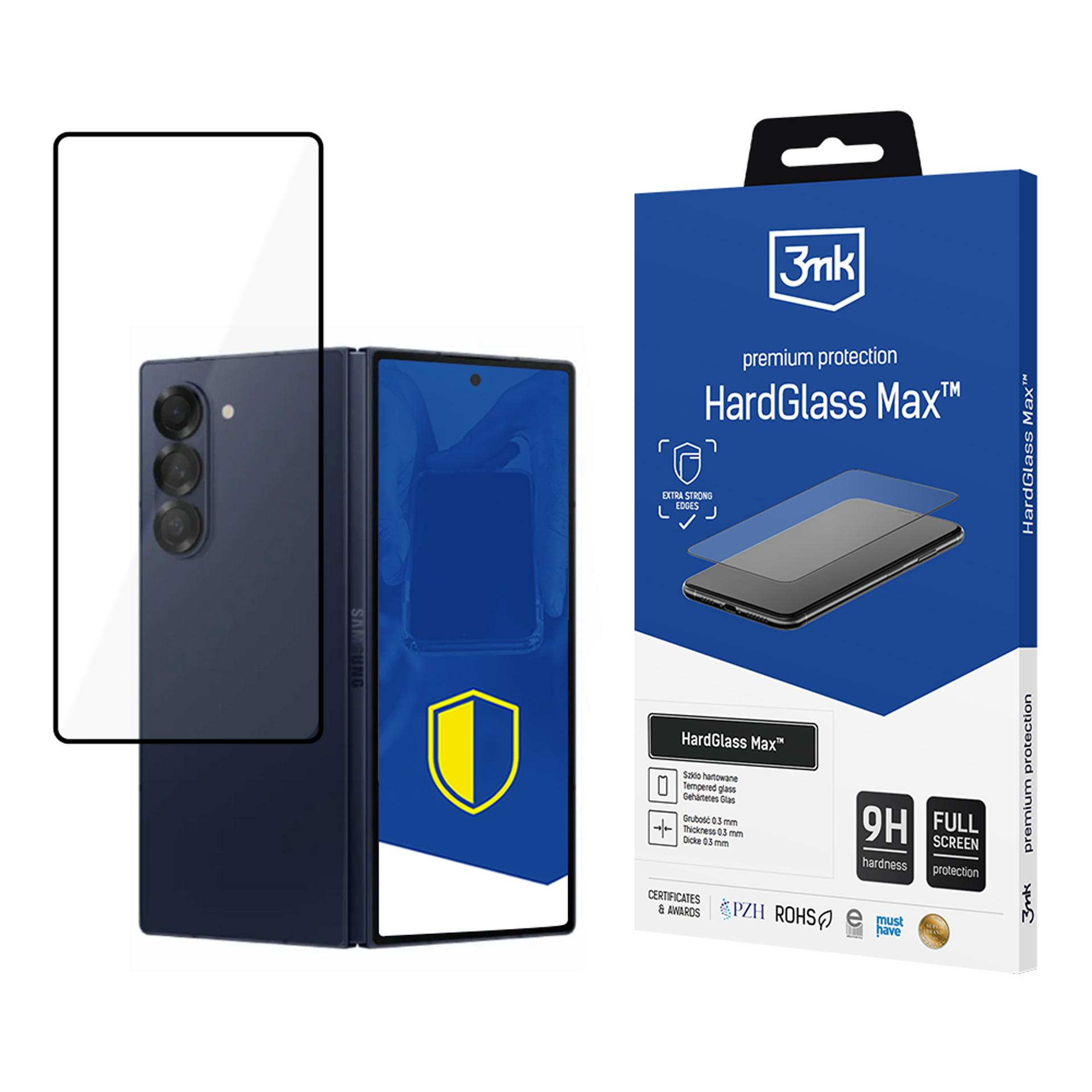 Niebieskie pudełko ze złożonym telefonem i obok folią ochronną ekranu.