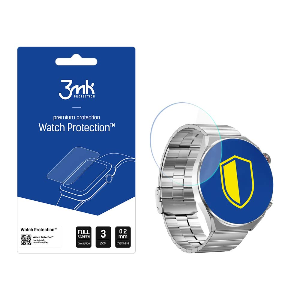 Confezione a sinistra, uno smartwatch argentato con schermo blu a destra. Una pellicola protettiva sullo schermo.