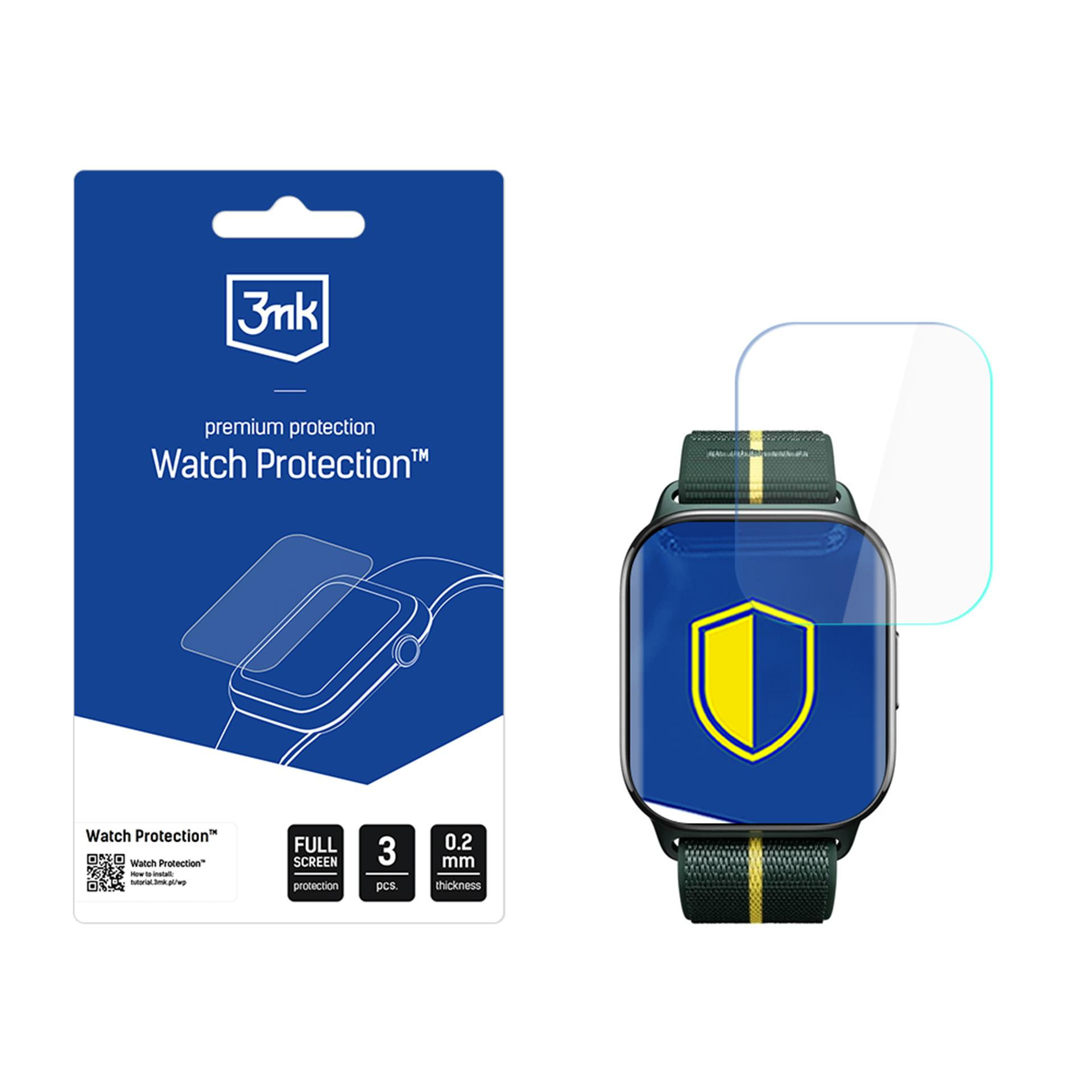 Confezione per protezione schermo e uno smartwatch con icona scudo giallo-blu.