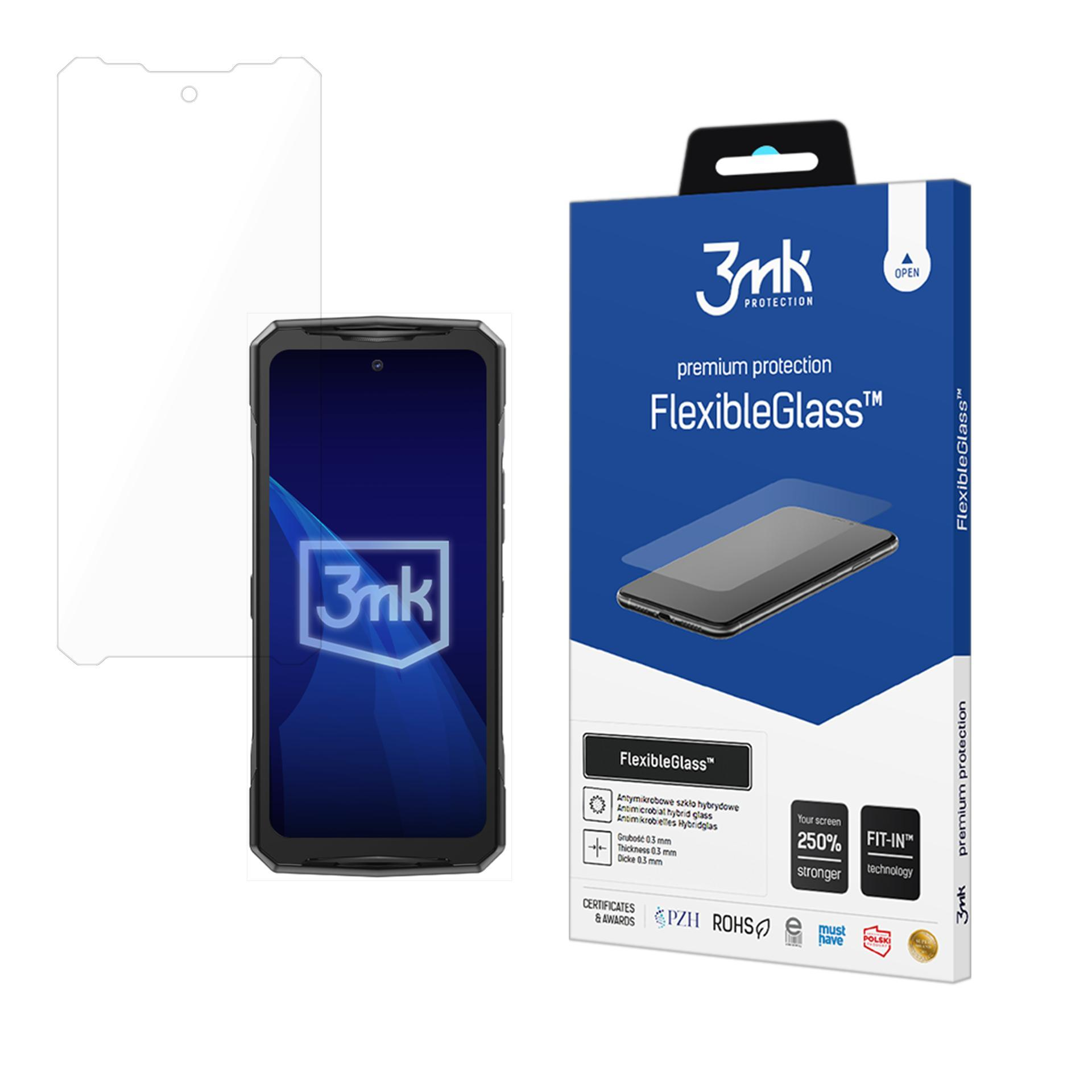 Una protezione per schermo per smartphone e la sua confezione. Il vetro è trasparente e la scatola blu.