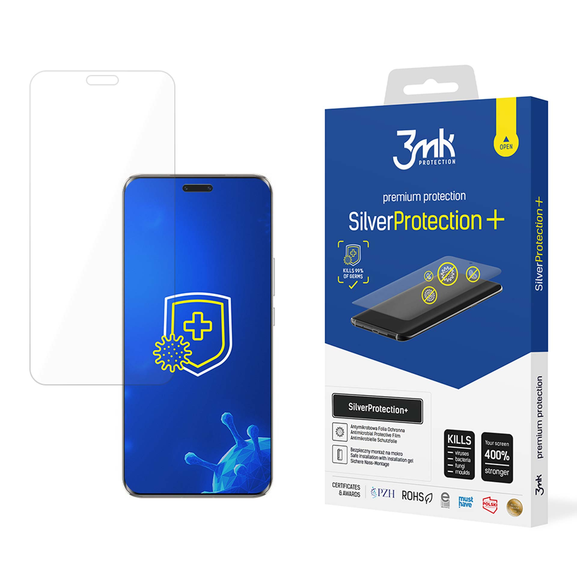 Uno smartphone con protezione schermo e confezione che evidenzia proprietà antimicrobiche.