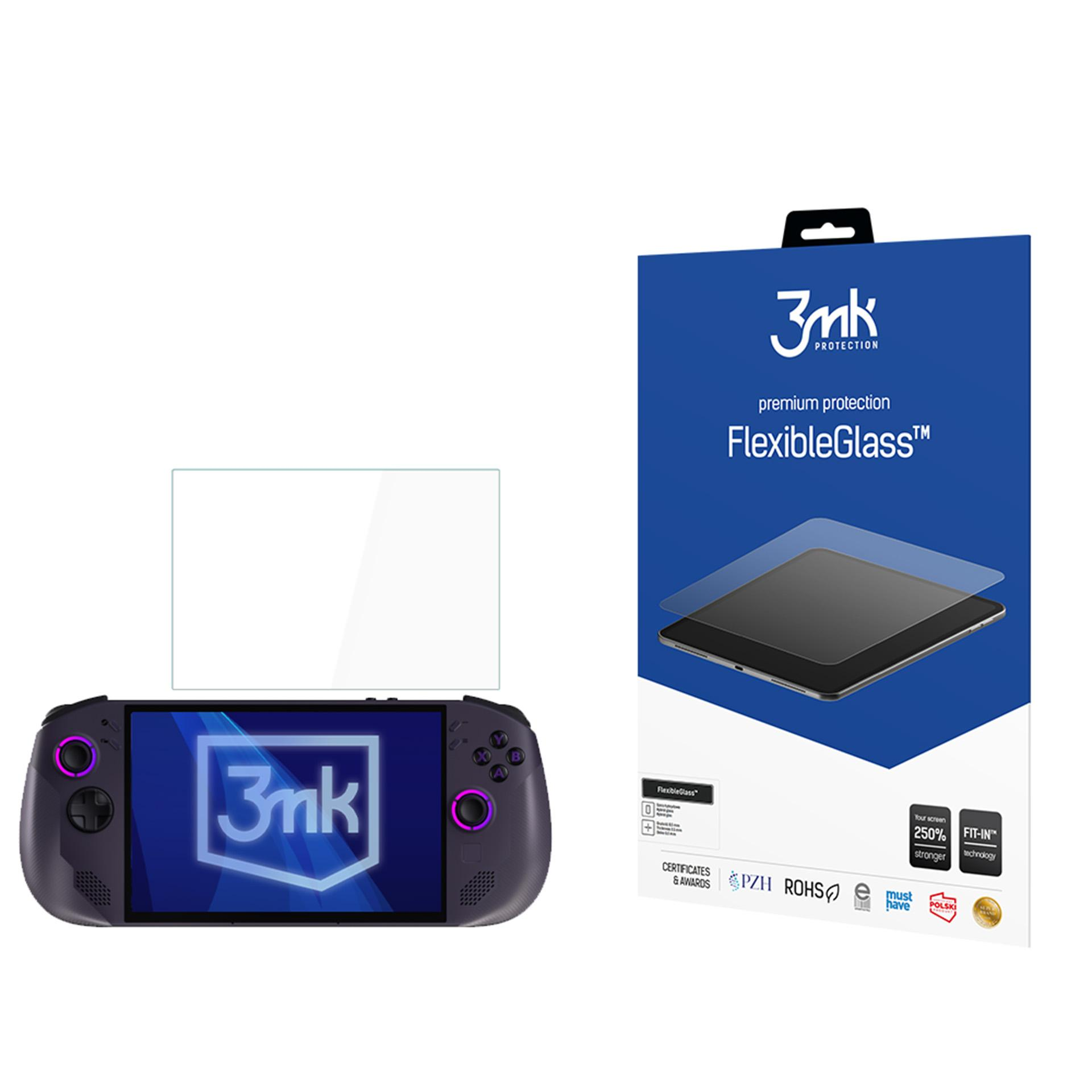 Przenośna konsola do gier z osłoną ekranu obok i opakowaniem produktu.