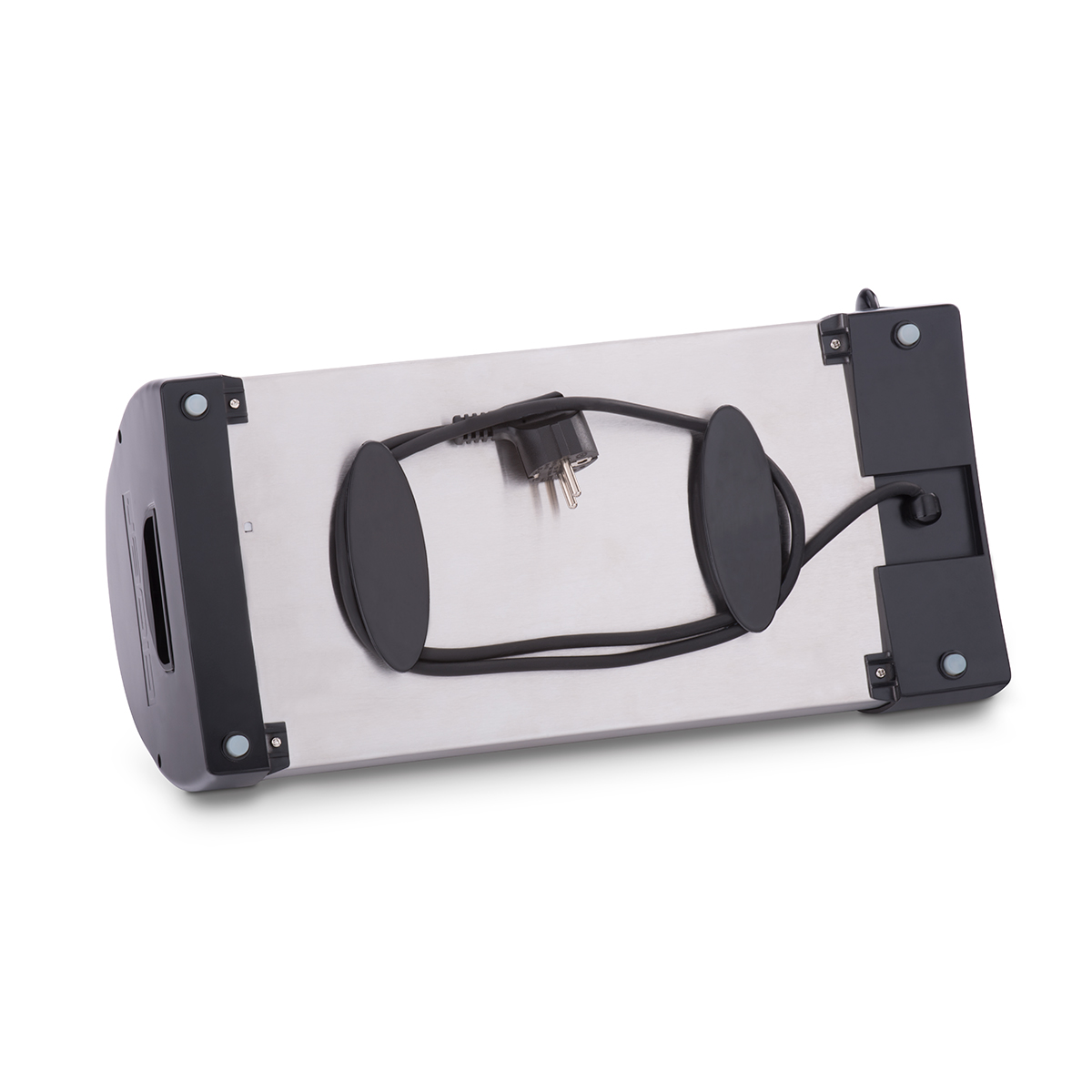 Spód srebrnego urządzenia z czarnym kablem i wtyczką.