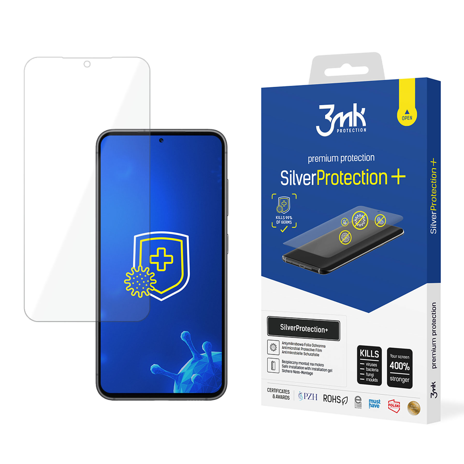Uno smartphone con protezione schermo e confezione che evidenzia proprietà antimicrobiche.