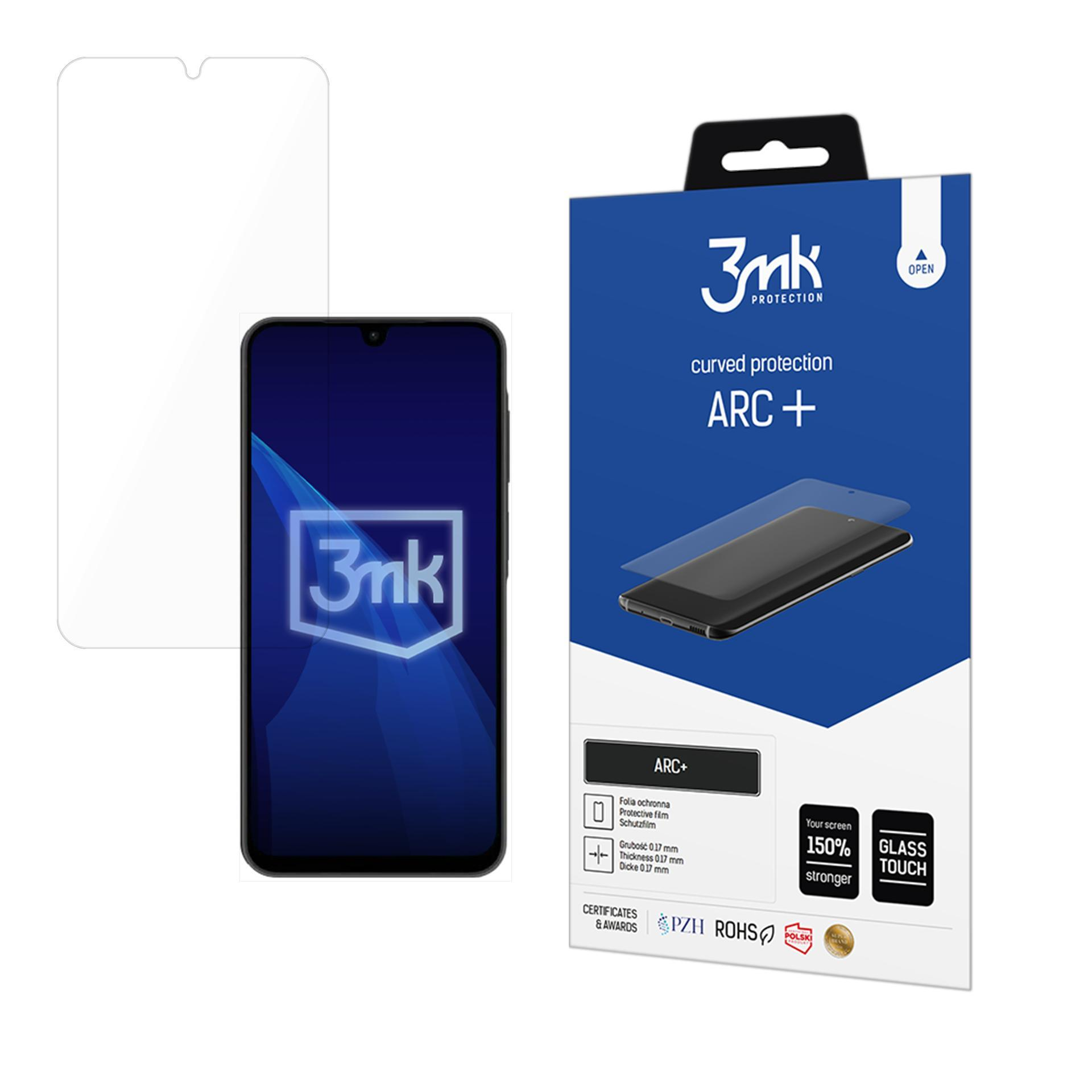 Confezione e pellicola protettiva per smartphone. Scatola blu con testo.